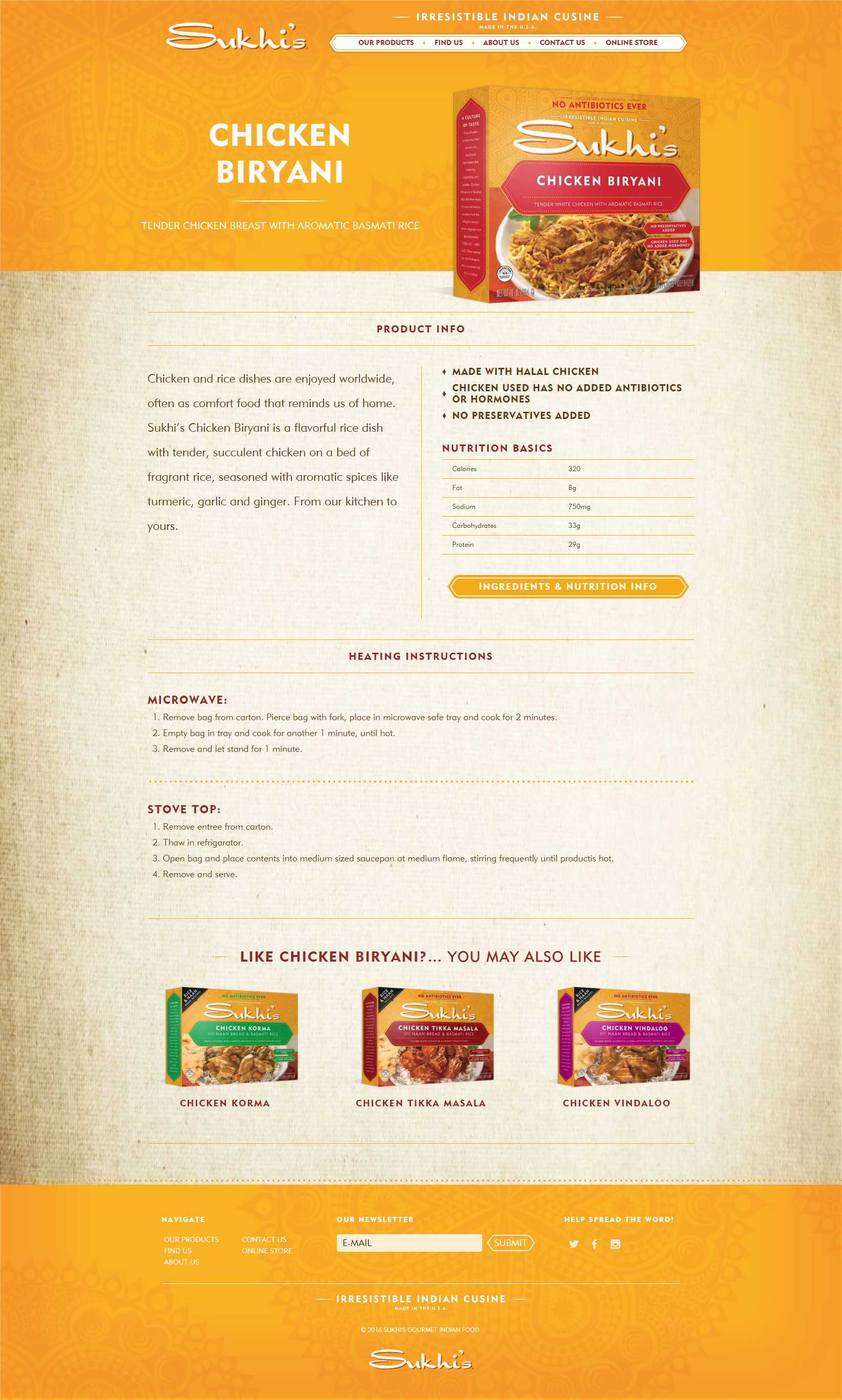 Chicken Biryani product page with an ingredients and nutrition panel, microwave and stove-top heating instructions, and suggested related meals
