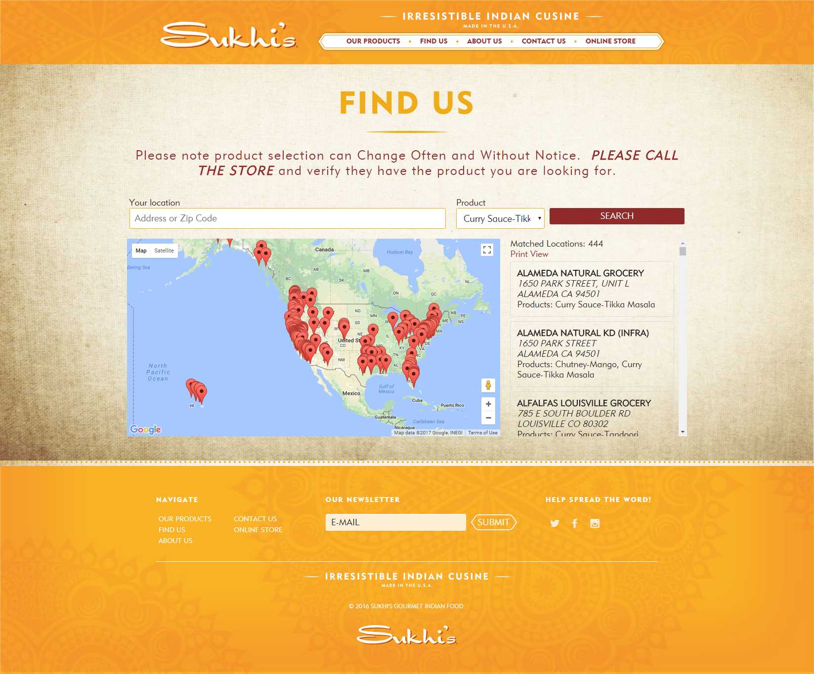 Find Us page with an address and ZIP code search, a product filter, a Google map of US stockists, and a list of matched store locations