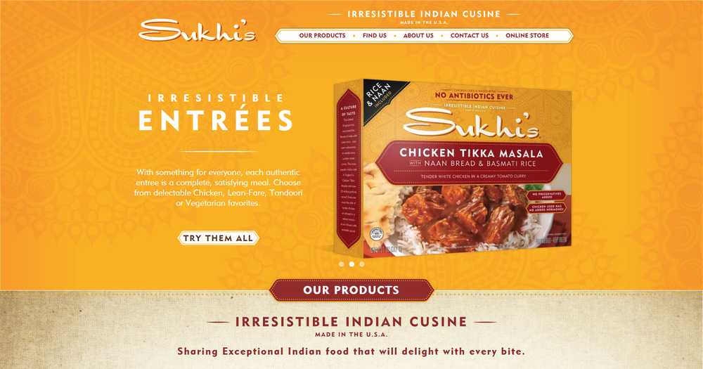 Sukhi's homepage with an 'Irresistible Entrées' hero, a Chicken Tikka Masala package, and a 'Try Them All' button