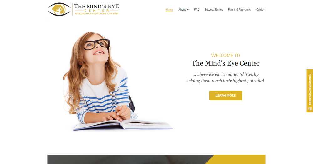 The Mind's Eye Center homepage with a girl in glasses smiling over an open book in the hero, a welcome heading, and a Schedule a Consultation link