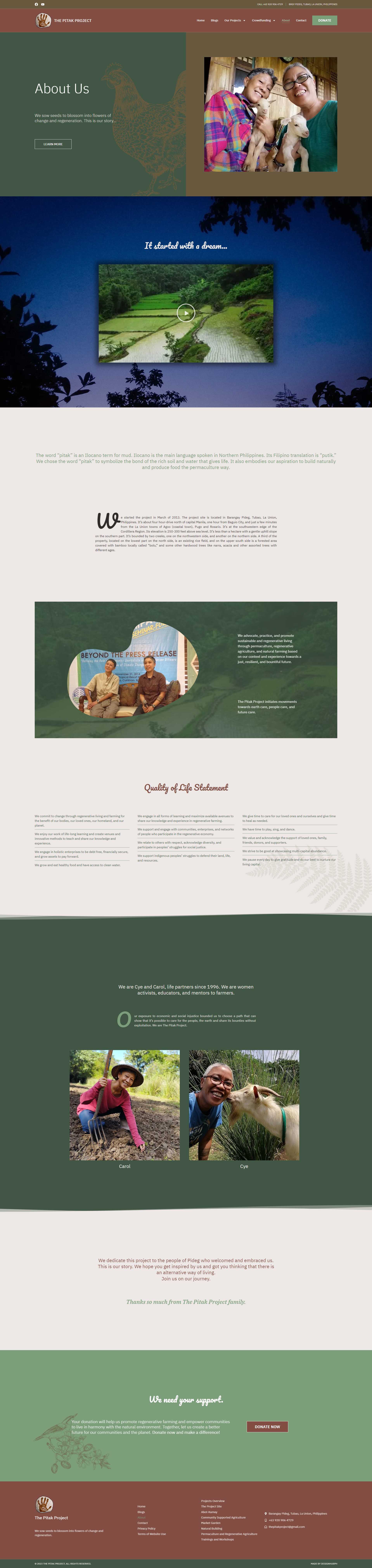 The Pitak Project About Us page showing the Quality of Life Statement, the founders' origin story, and their dedication