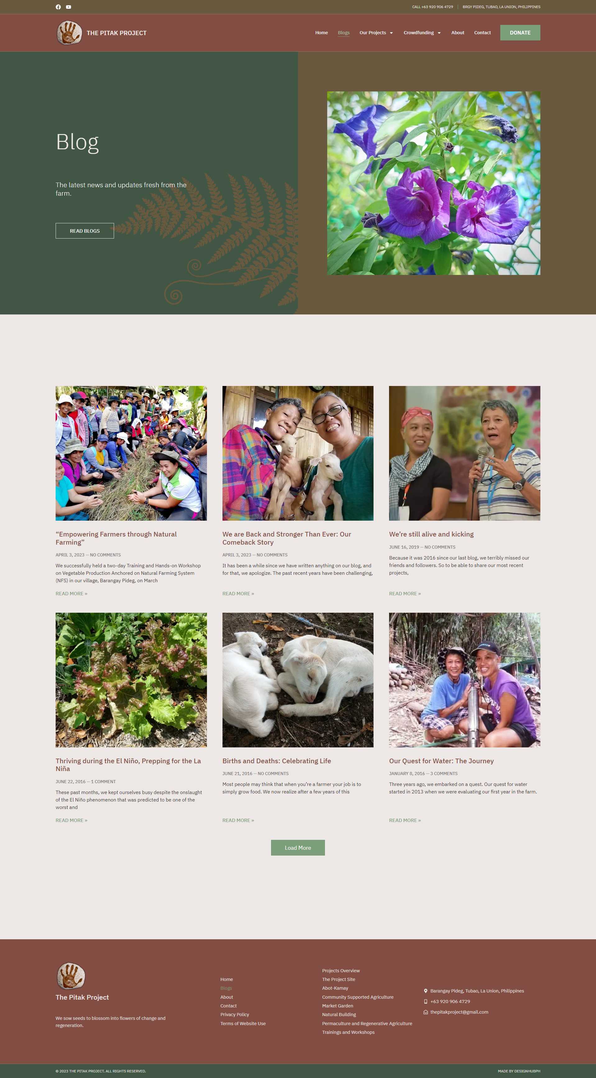 The Pitak Project blog page with the latest posts on farming workshops, natural building, and news from the farm
