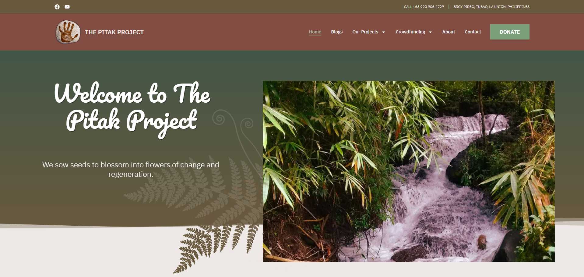The Pitak Project homepage hero with the 'Welcome to The Pitak Project' heading and a photo of a stream cascading through forest