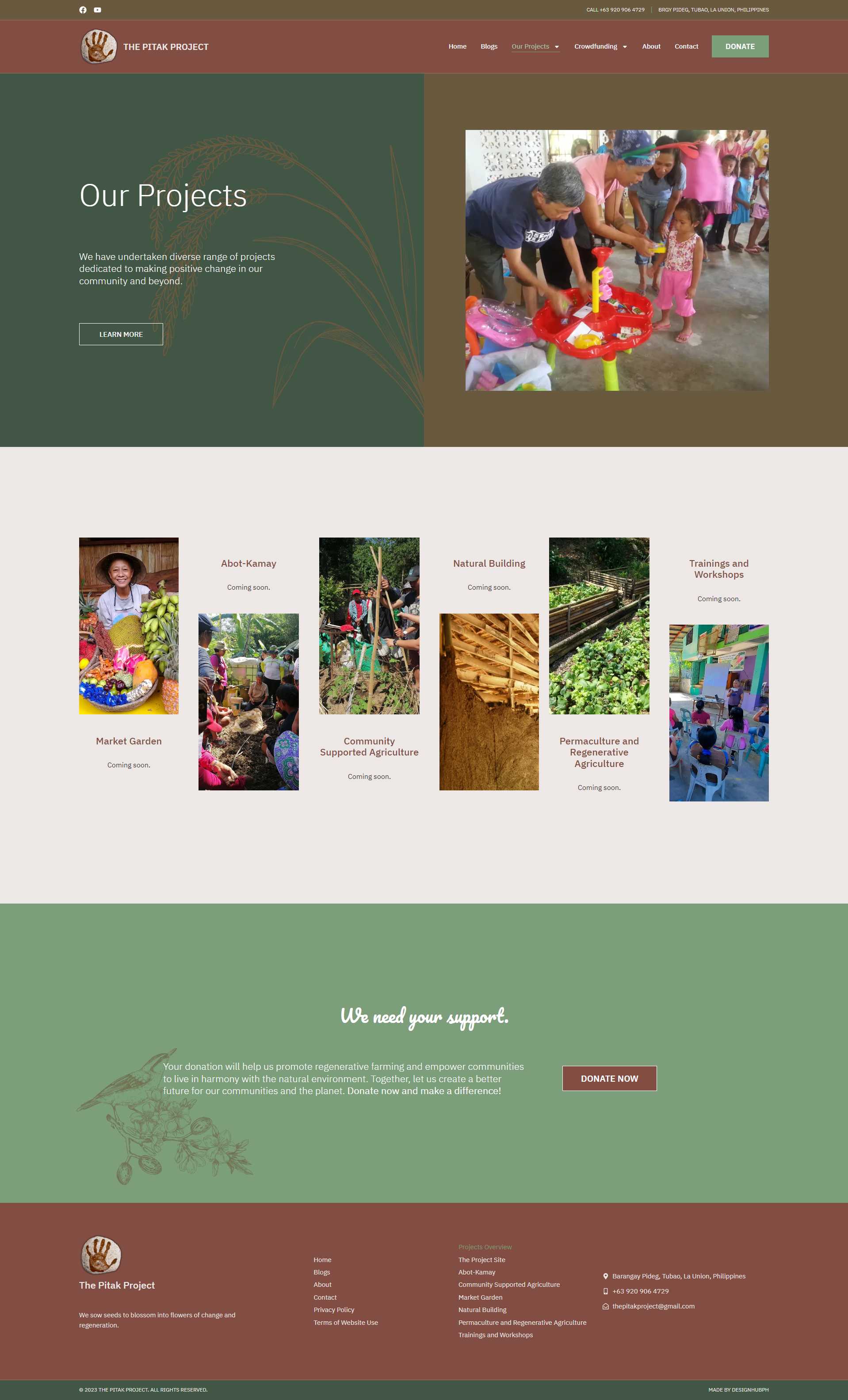The Pitak Project Our Projects page with six cards for market garden, community supported agriculture, natural building, and trainings and workshops