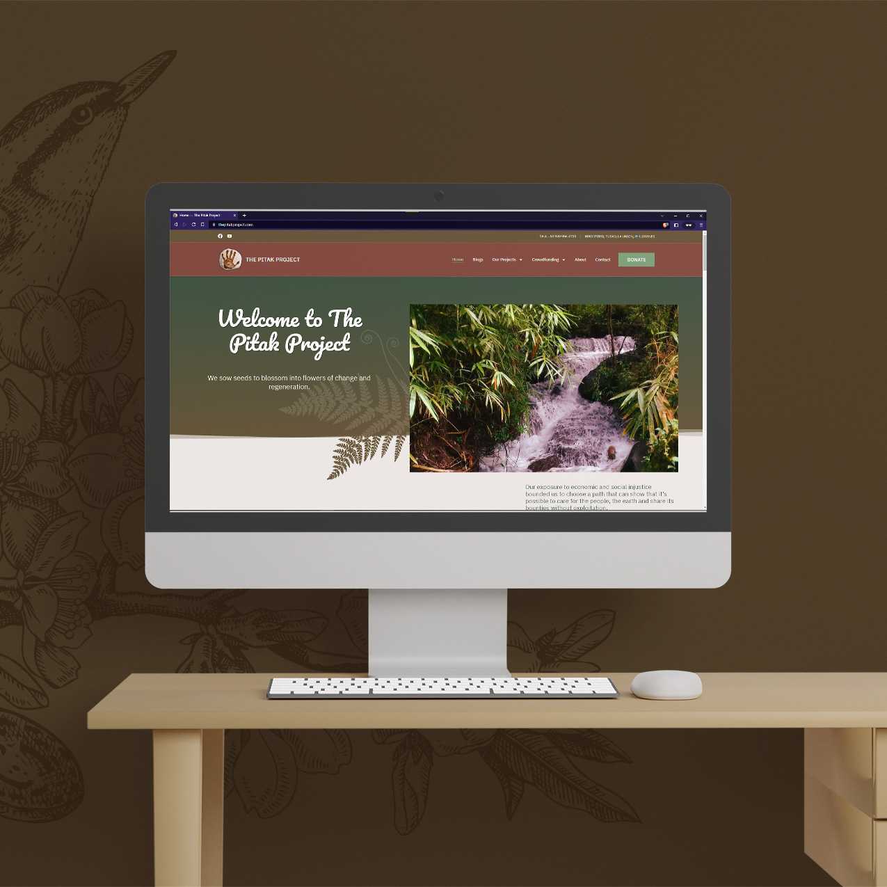 The Pitak Project About Us page displayed in a desktop browser mockup on a wooden desk
