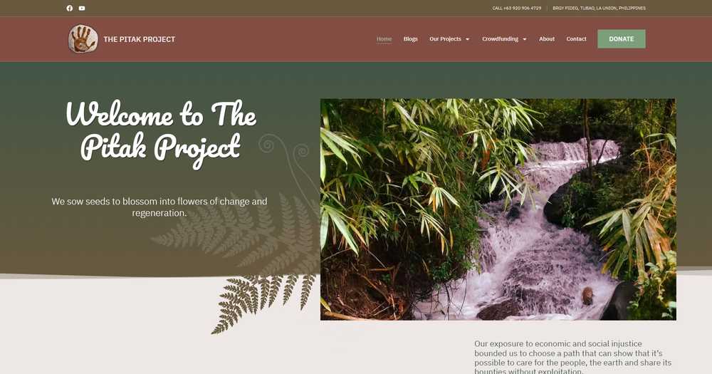 The Pitak Project homepage hero with a 'Welcome to The Pitak Project' heading, the line 'We sow seeds to blossom into flowers of change and regeneration', and a photo of a stream cascading through forest