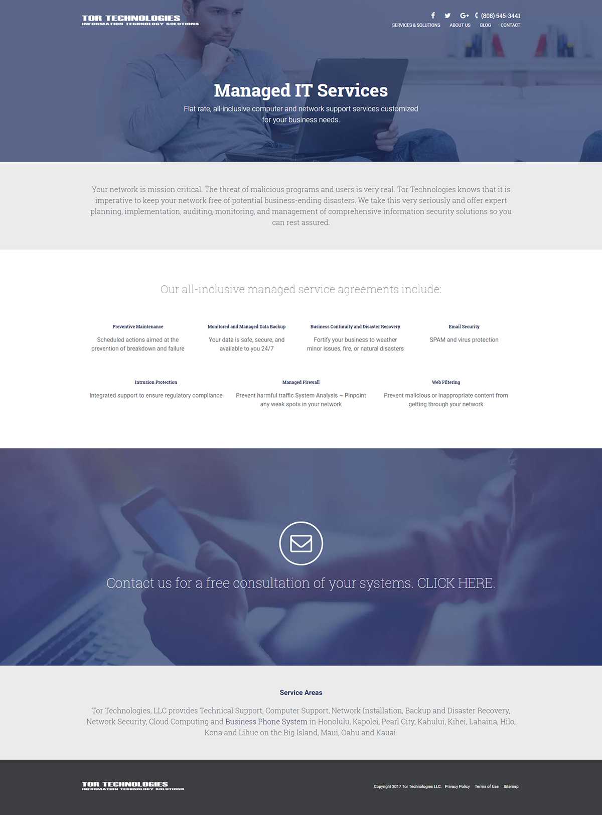 The Tor Technologies Managed IT Services page with a flat-rate support hero, the seven items covered by its all-inclusive agreements, and a Service Areas list for Honolulu, Maui, and the Big Island