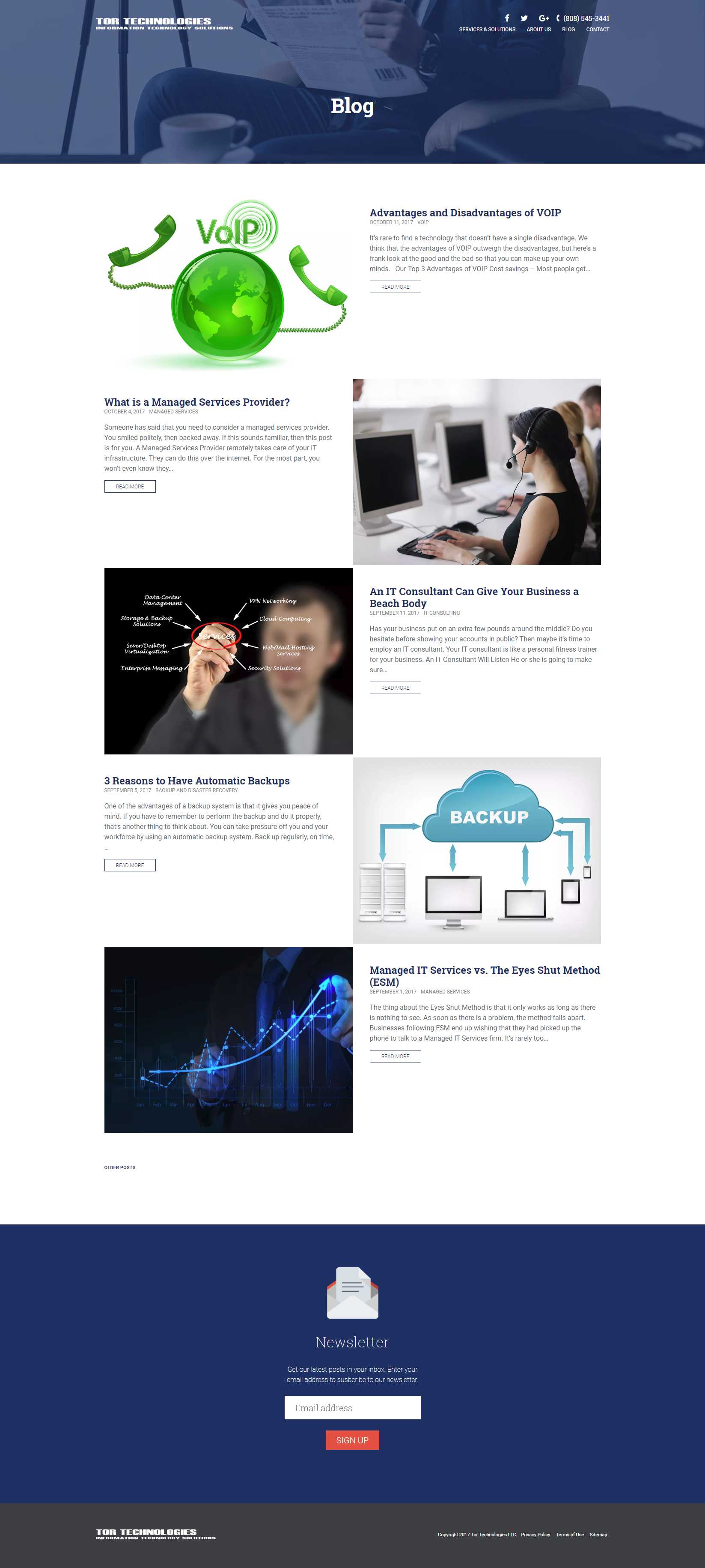The Tor Technologies blog index with posts on VoIP, managed services, automatic backups, and the eyes-shut method, above a newsletter signup