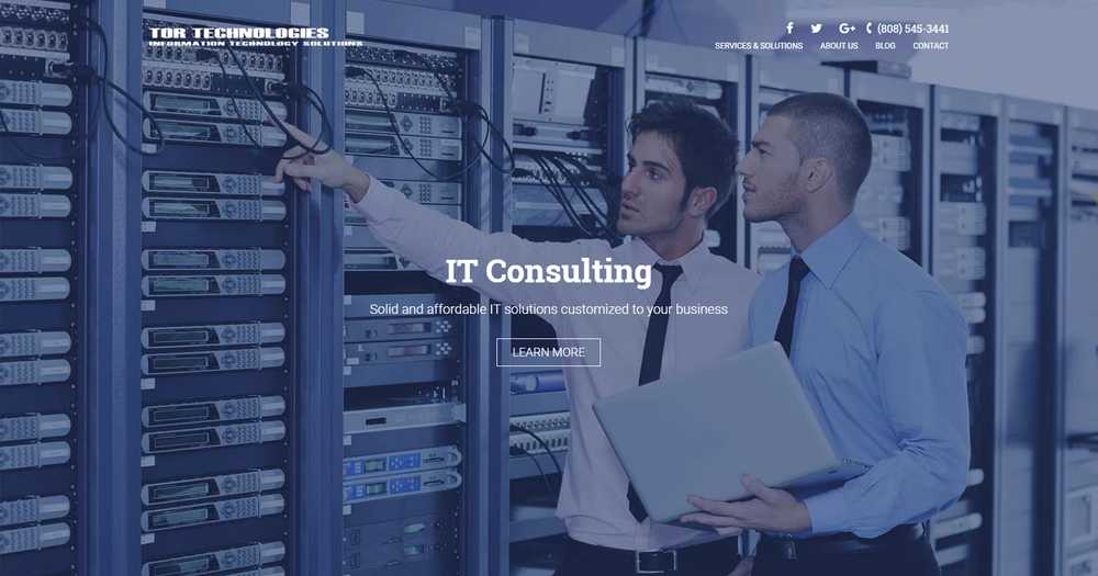 The Tor Technologies homepage hero with two IT specialists at a server rack, an 'IT Consulting' heading, and a 'Learn More' button