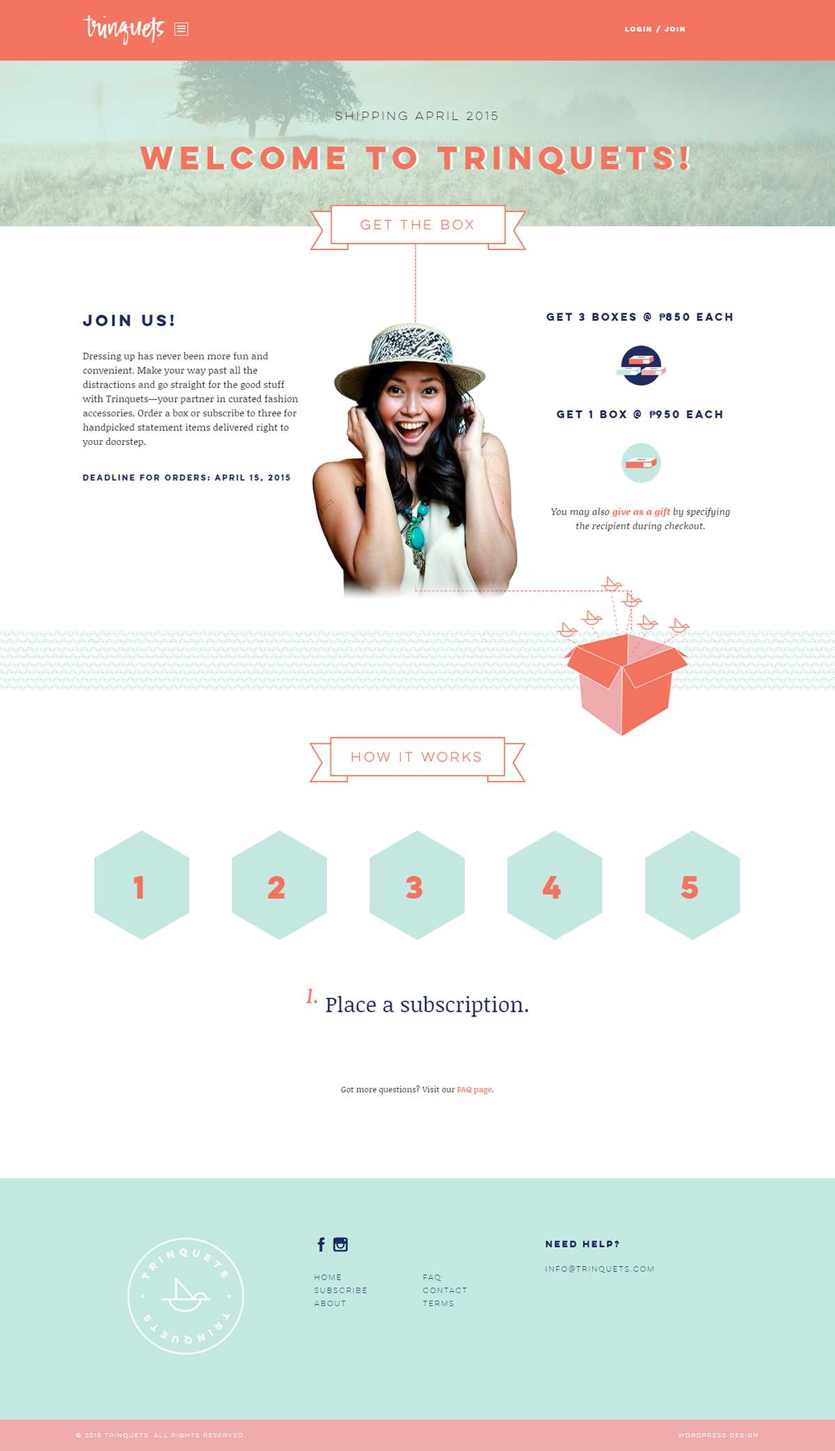 The Trinquets Subscribe page with a 'Join Us!' description, one-box and three-box prices, an order deadline, and a five-step 'How It Works' diagram