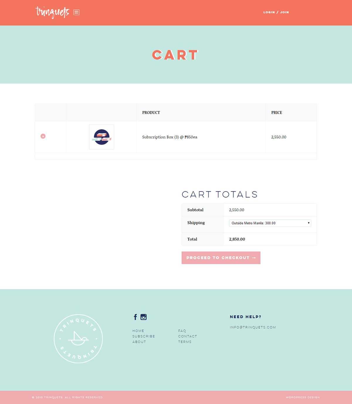 The Trinquets cart holding a single subscription box, with totals, a shipping option for outside Metro Manila, and a Proceed to Checkout button
