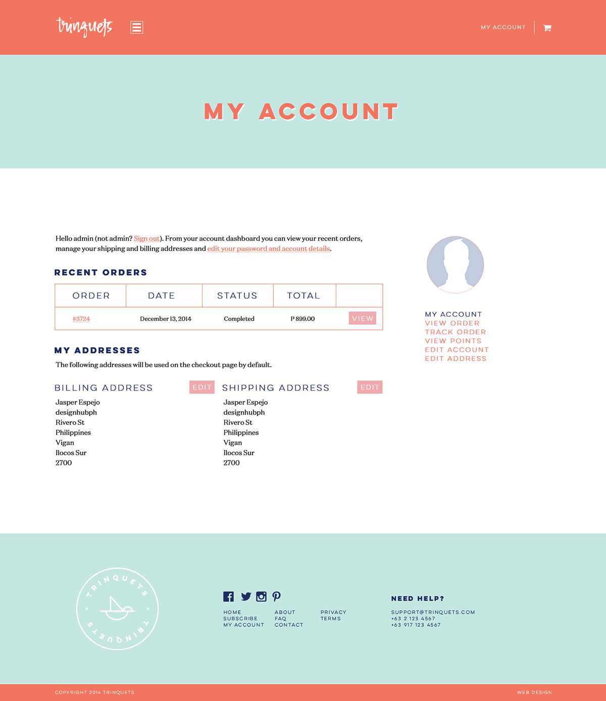 The Trinquets My Account page with recent orders, saved billing and shipping addresses, and links to view orders, track orders, and view points