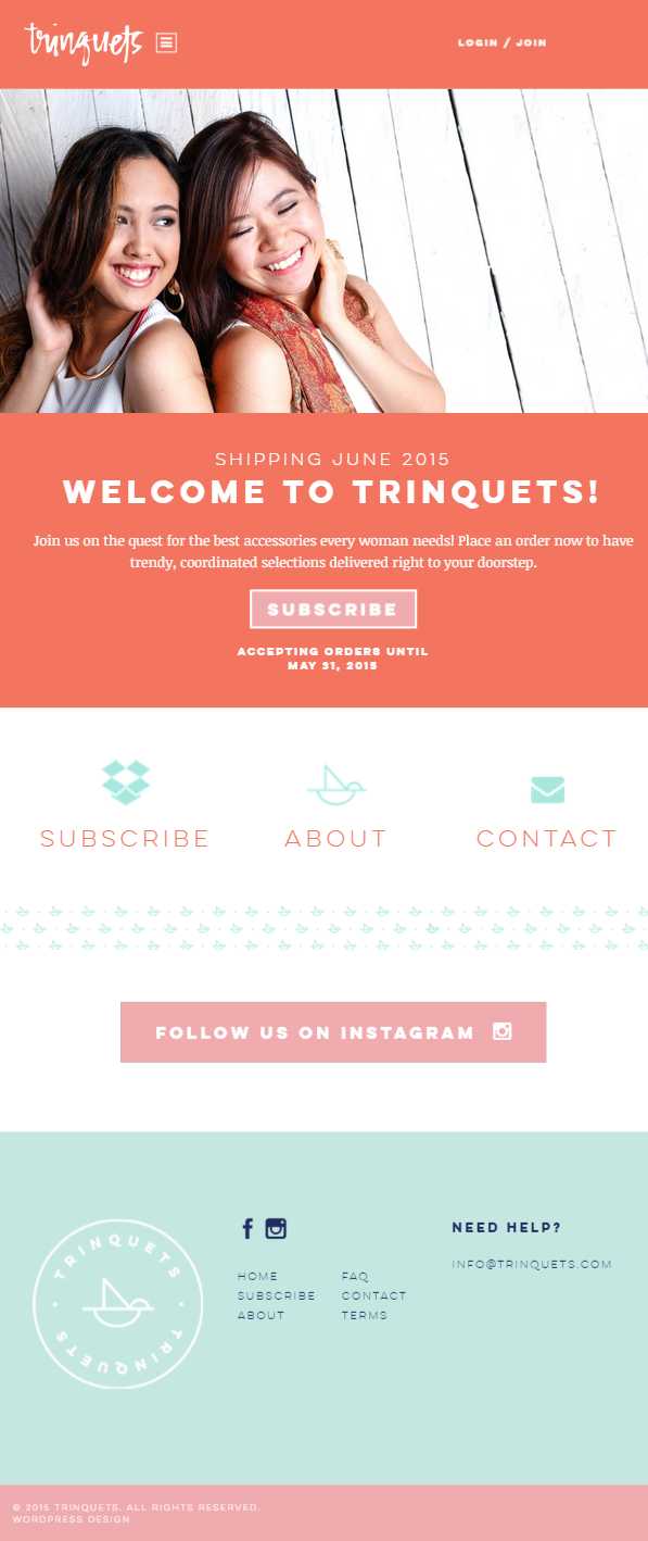 The Trinquets homepage in its June 2015 version, with two models in the hero, an updated shipping date, and a Subscribe button