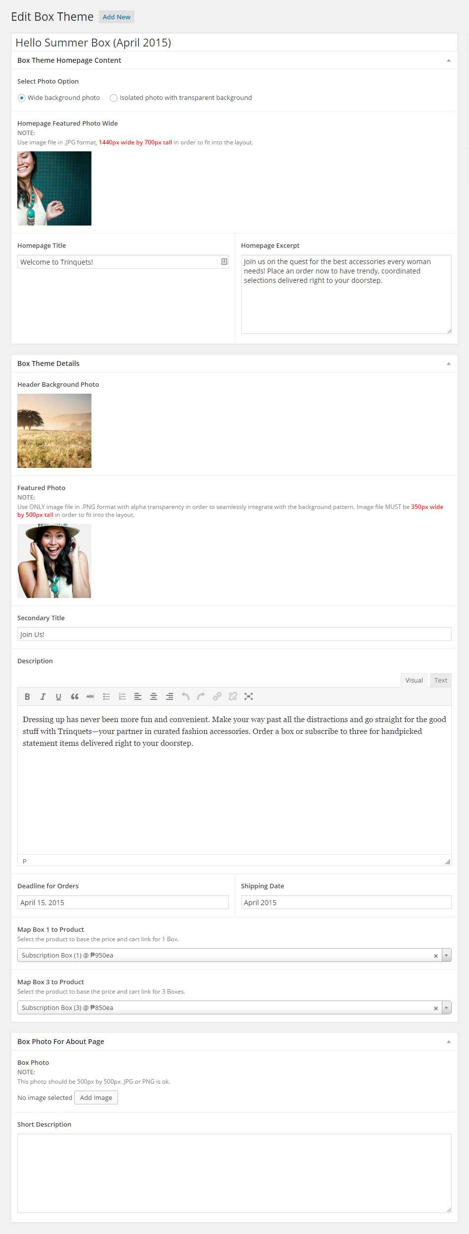The WordPress admin screen for a Trinquets box theme, with custom fields for the homepage photo, title, description, order deadline, shipping date, and product mapping