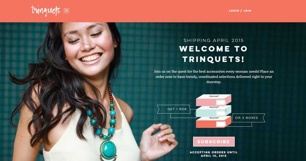 The Trinquets homepage with a model wearing a turquoise necklace on a teal plaid background, a 'Welcome to Trinquets!' headline, Get 1 Box and Or 3 Boxes options, and a pink Subscribe button