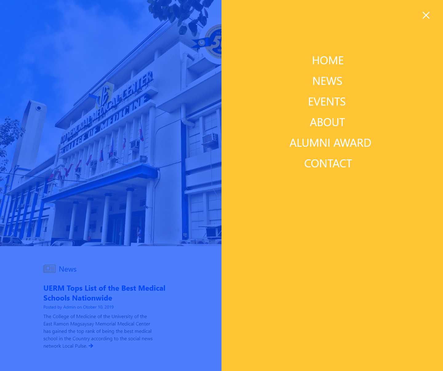 The UERMCMAA site menu open over a blue-tinted photo of the UERM building, listing Home, News, Events, About, Alumni Award, and Contact