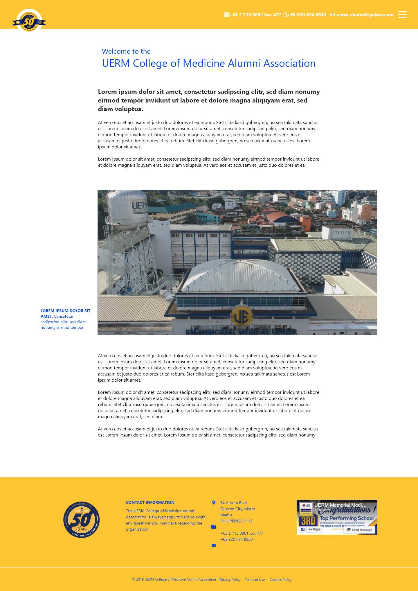 The UERMCMAA About page with a welcome heading for the UERM College of Medicine Alumni Association and an aerial photo of the campus