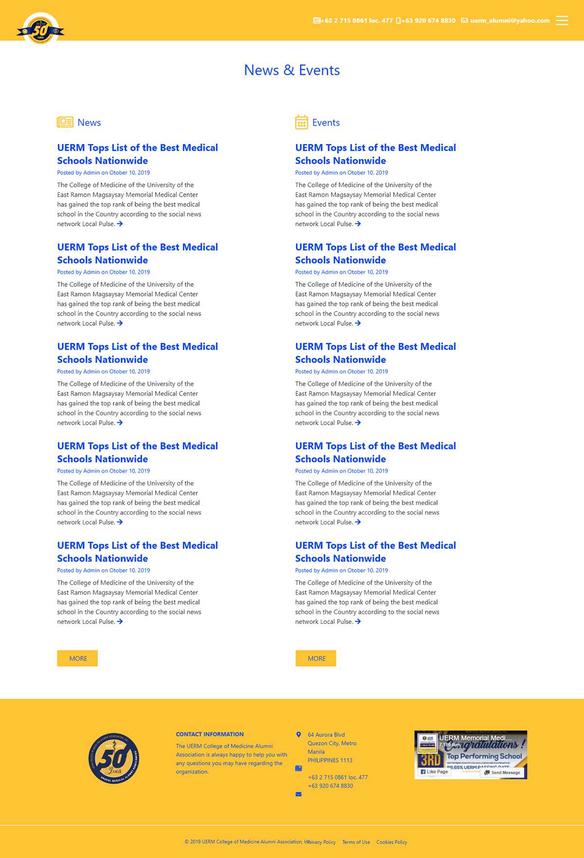 The UERMCMAA News & Events page with side-by-side News and Events columns, each listing posts and a More button