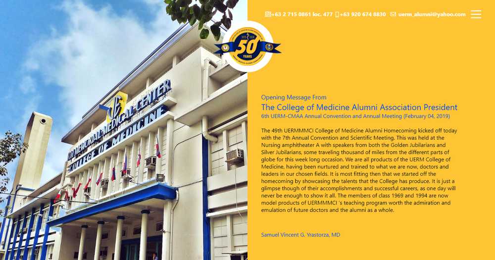 The UERMCMAA homepage with the association's 50th anniversary badge and an opening message from the College of Medicine Alumni Association president beside a photo of the UERM building