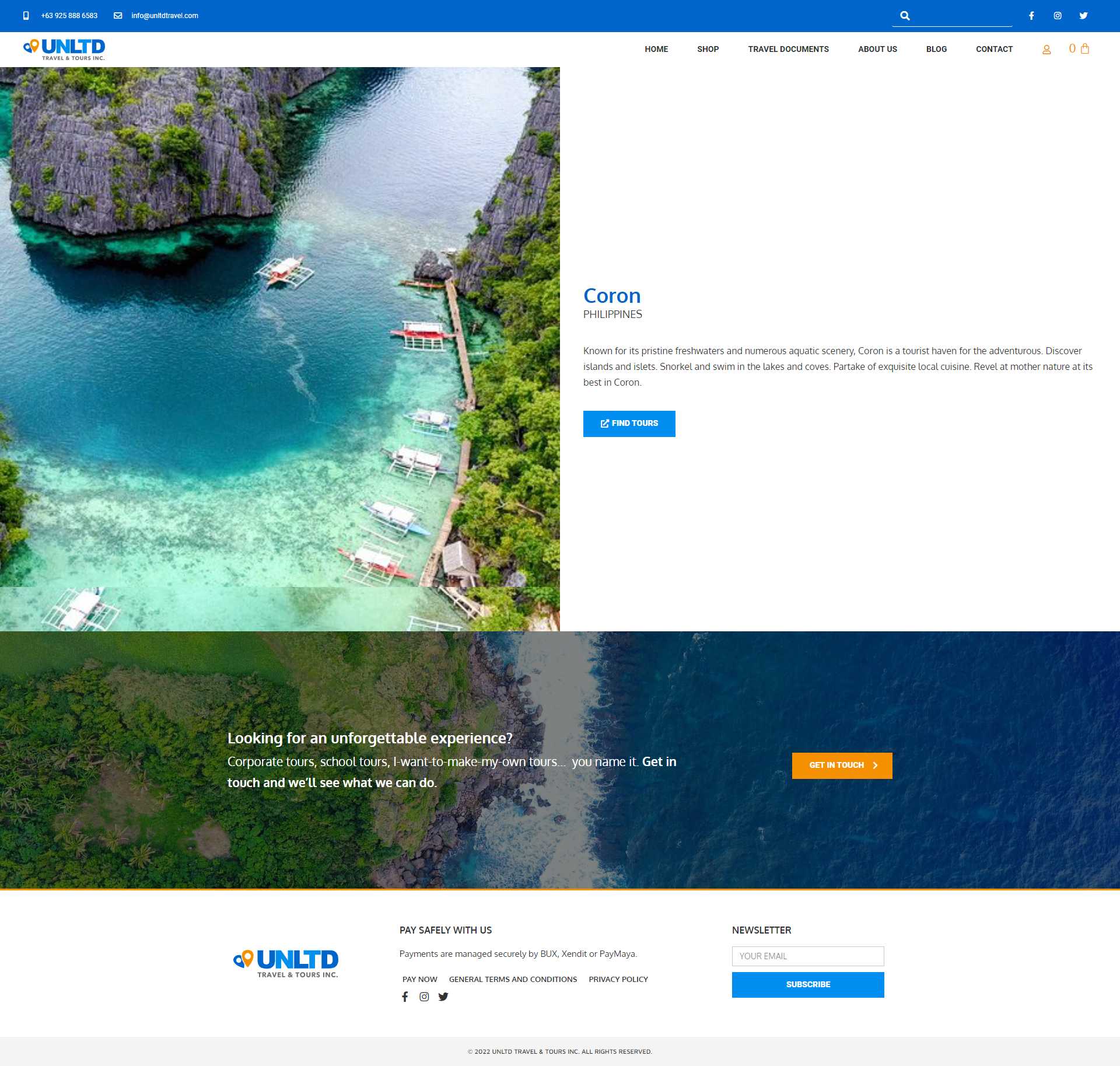 The UNLTD Coron destination page with a photo of limestone cliffs and boats over turquoise water, a description of Coron, and a Find Tours button