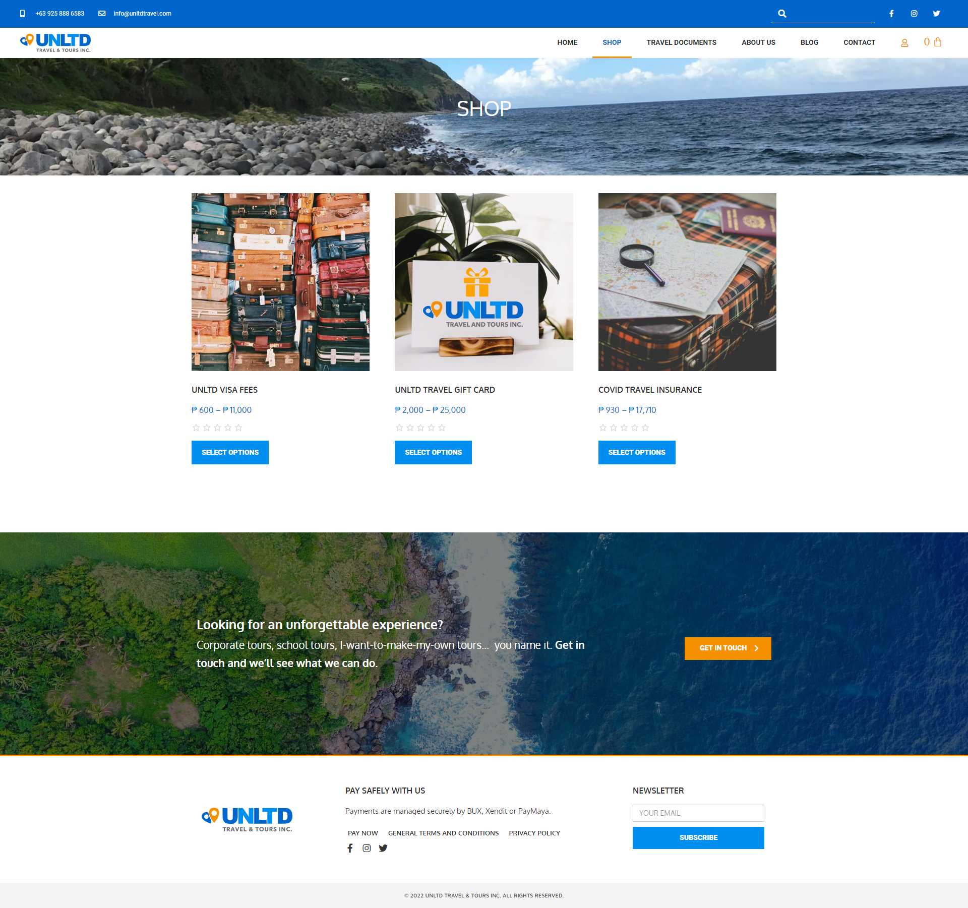 The UNLTD shop page listing UNLTD Visa Fees, UNLTD Travel Gift Card, and COVID Travel Insurance with prices and Select Options buttons