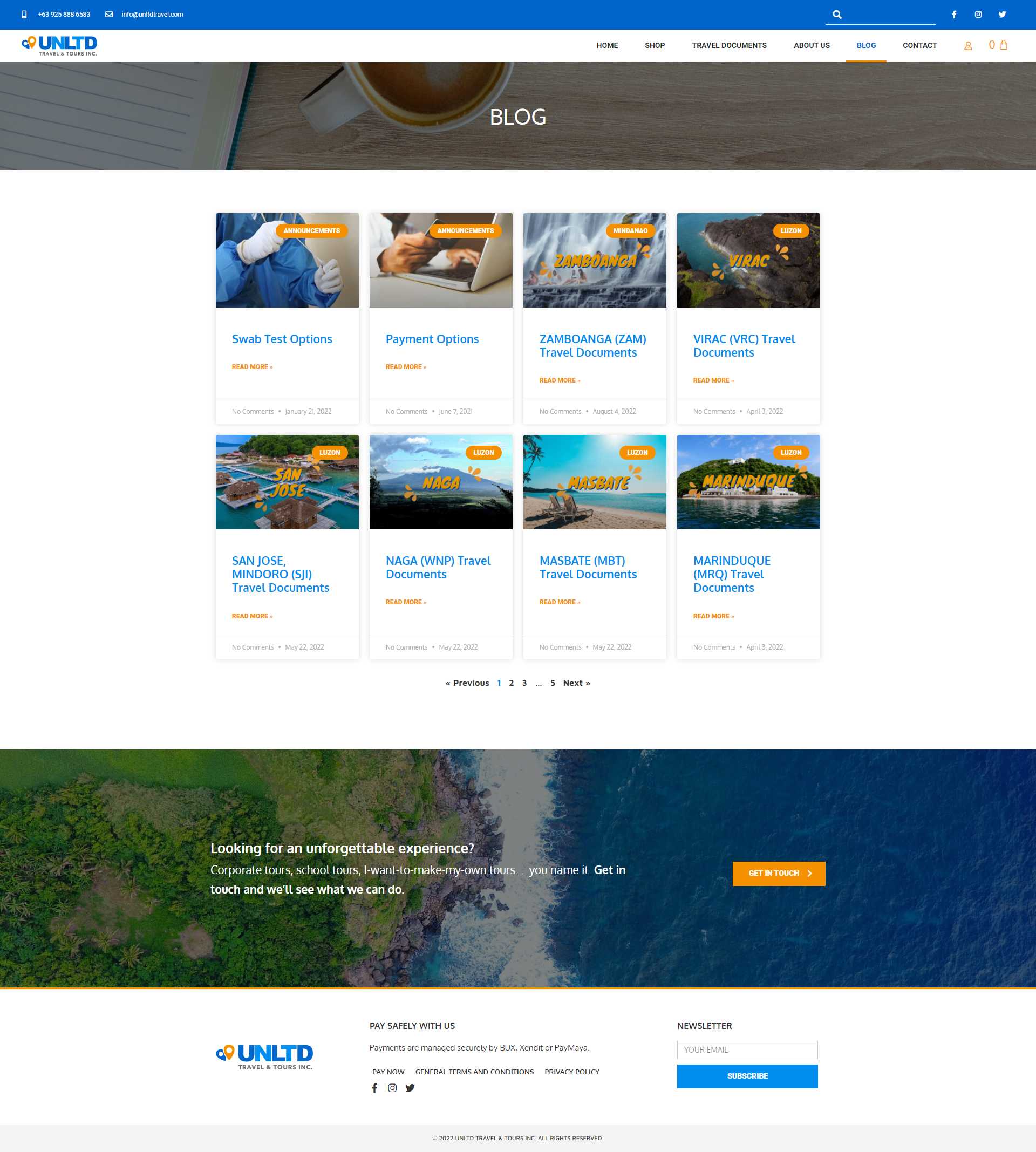 The UNLTD blog index with travel document posts for Zamboanga, Virac, San Jose Mindoro, Naga, Masbate, and Marinduque, alongside payment and swab test announcements