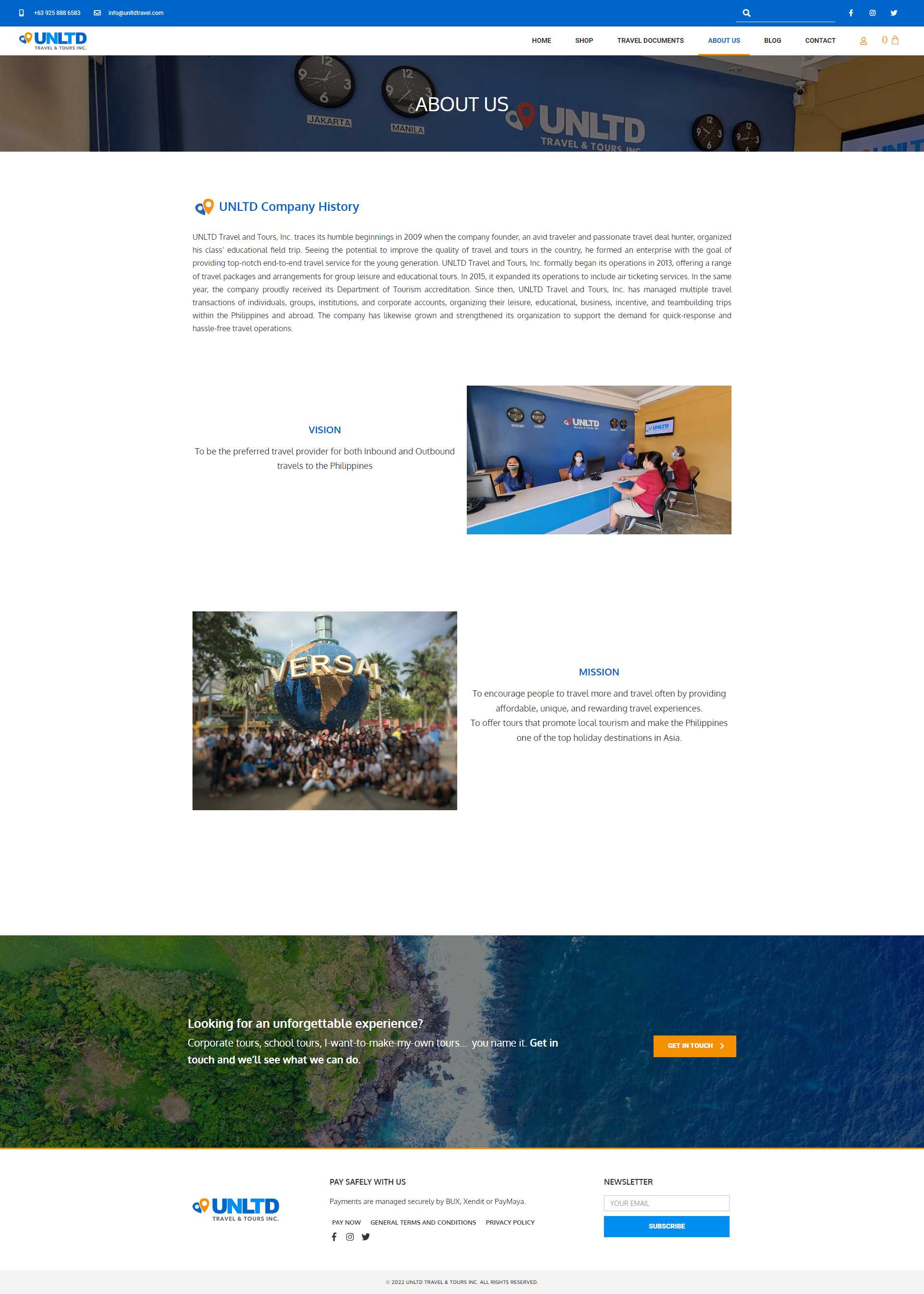 The UNLTD About Us page with the company history, the vision and mission statements, and photos of the office on a blue and yellow wall