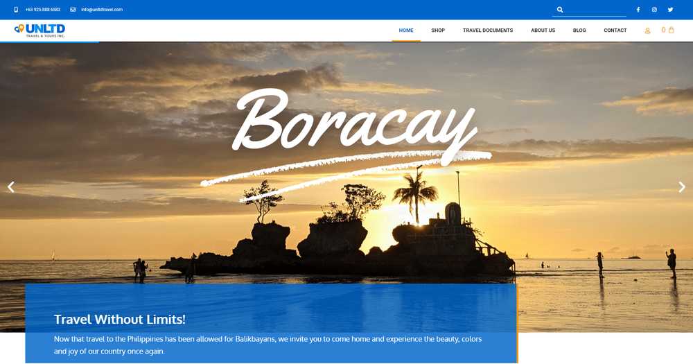 The UNLTD Travel and Tours homepage with a Boracay sunset hero, a 'Travel Without Limits!' welcome box inviting Balikbayans home, and contact details along the top