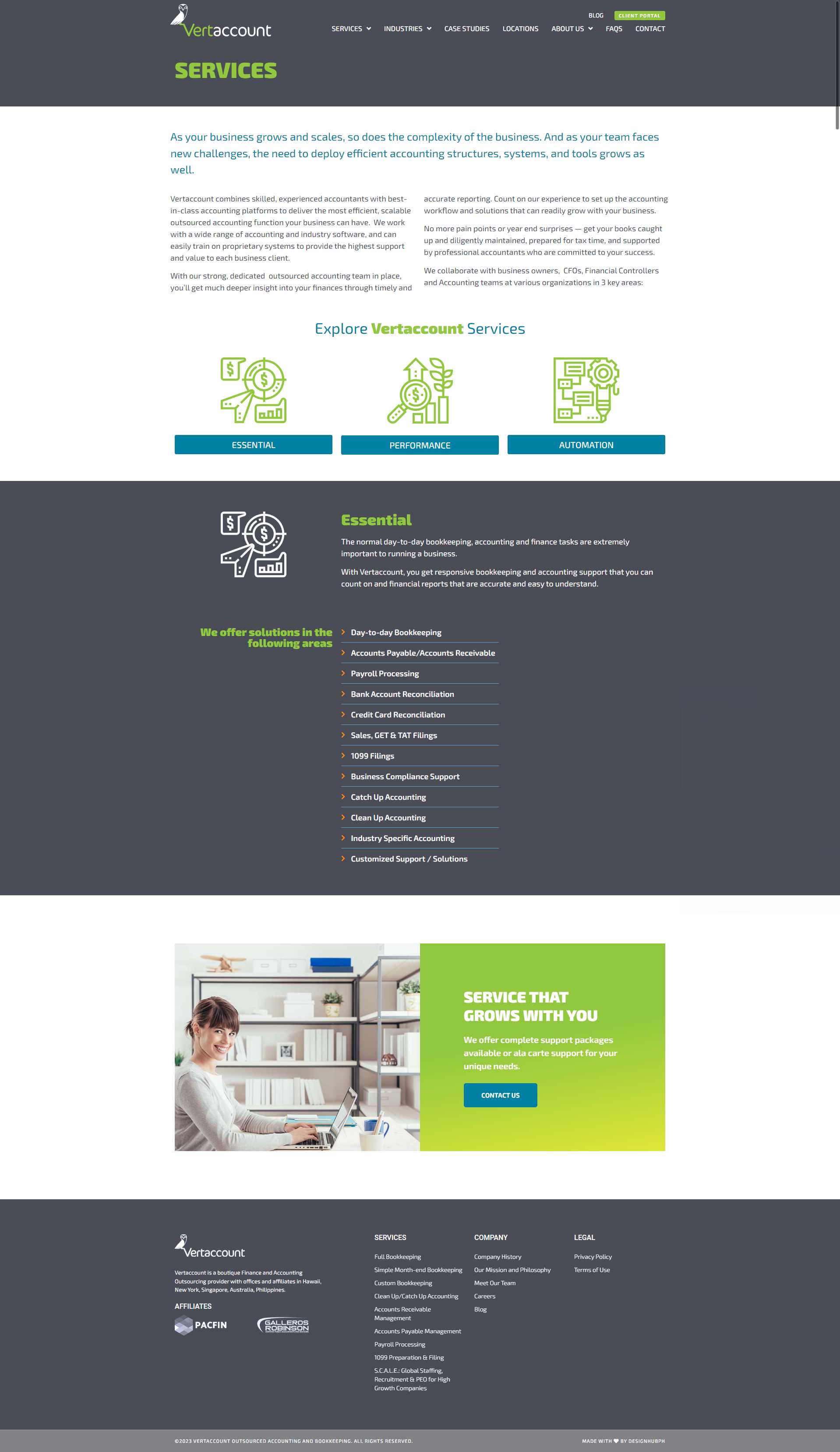 The Vertaccount Services page with Essential, Performance, and Automation icons and a list of solution areas from day-to-day bookkeeping to industry-specific accounting