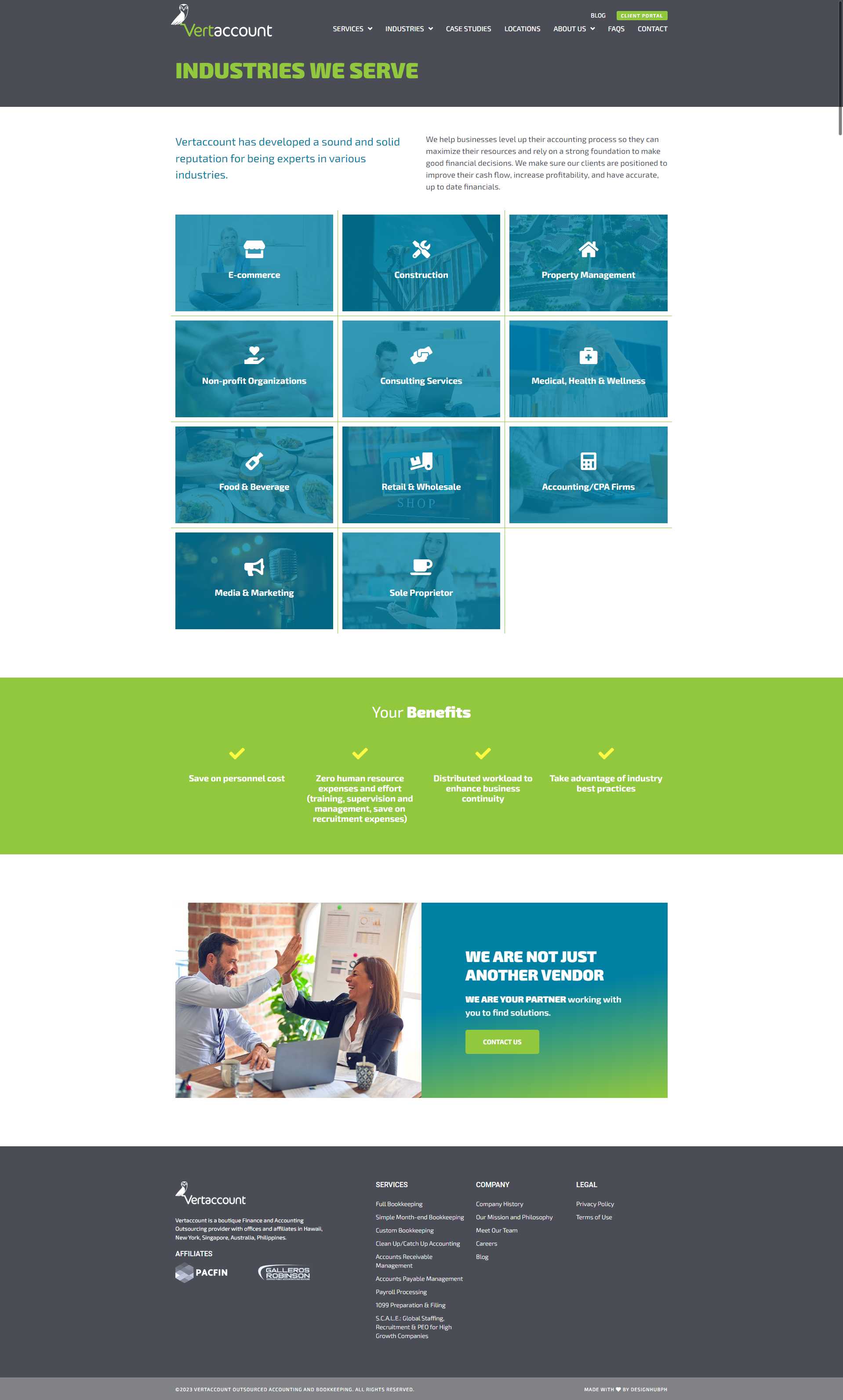 The Vertaccount Industries We Serve page with tiles for e-commerce, construction, property management, and other sectors, above a Your Benefits band