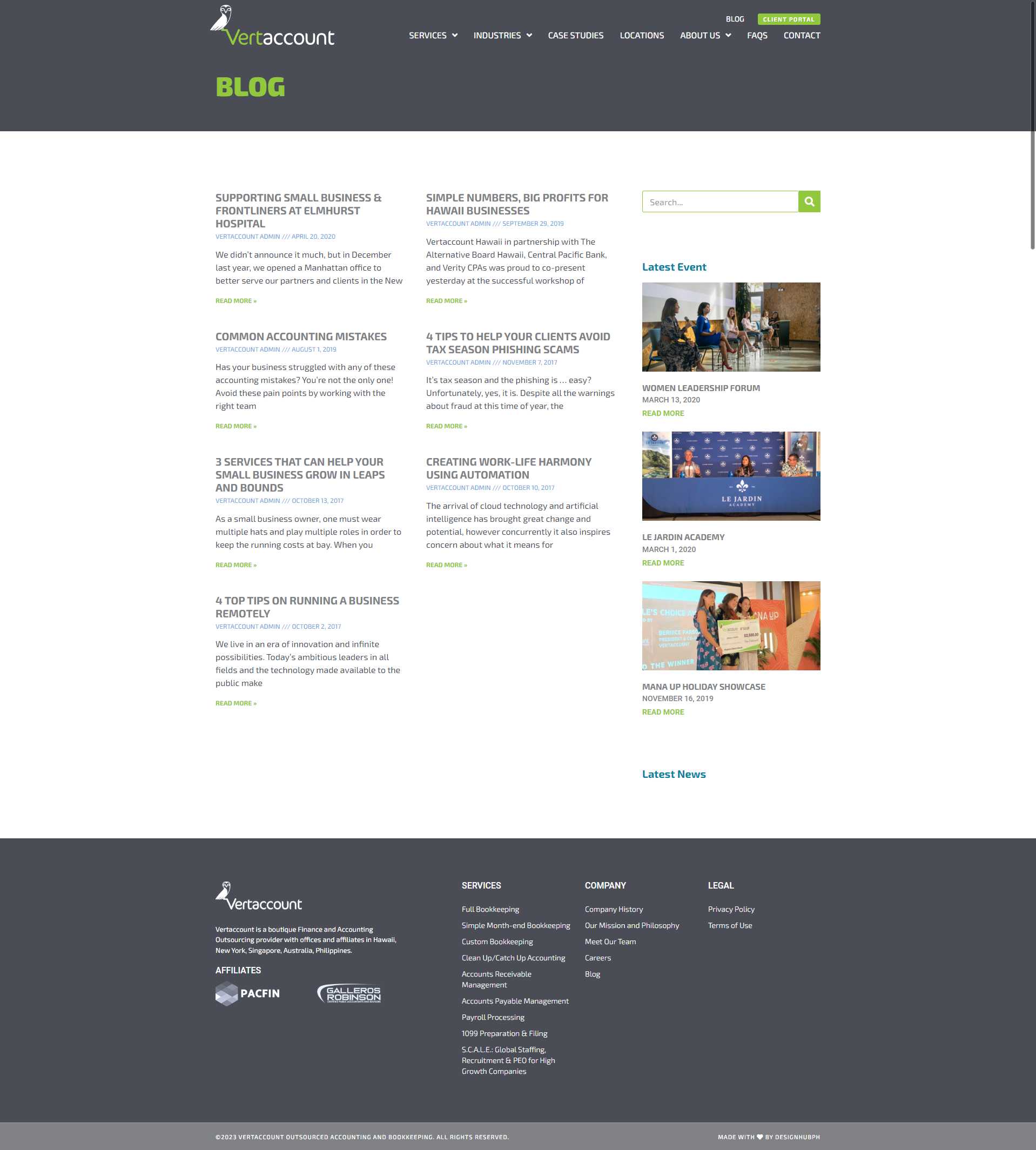 The Vertaccount blog index with posts on accounting mistakes, tax season phishing scams, and running a business remotely, alongside a Latest Event sidebar