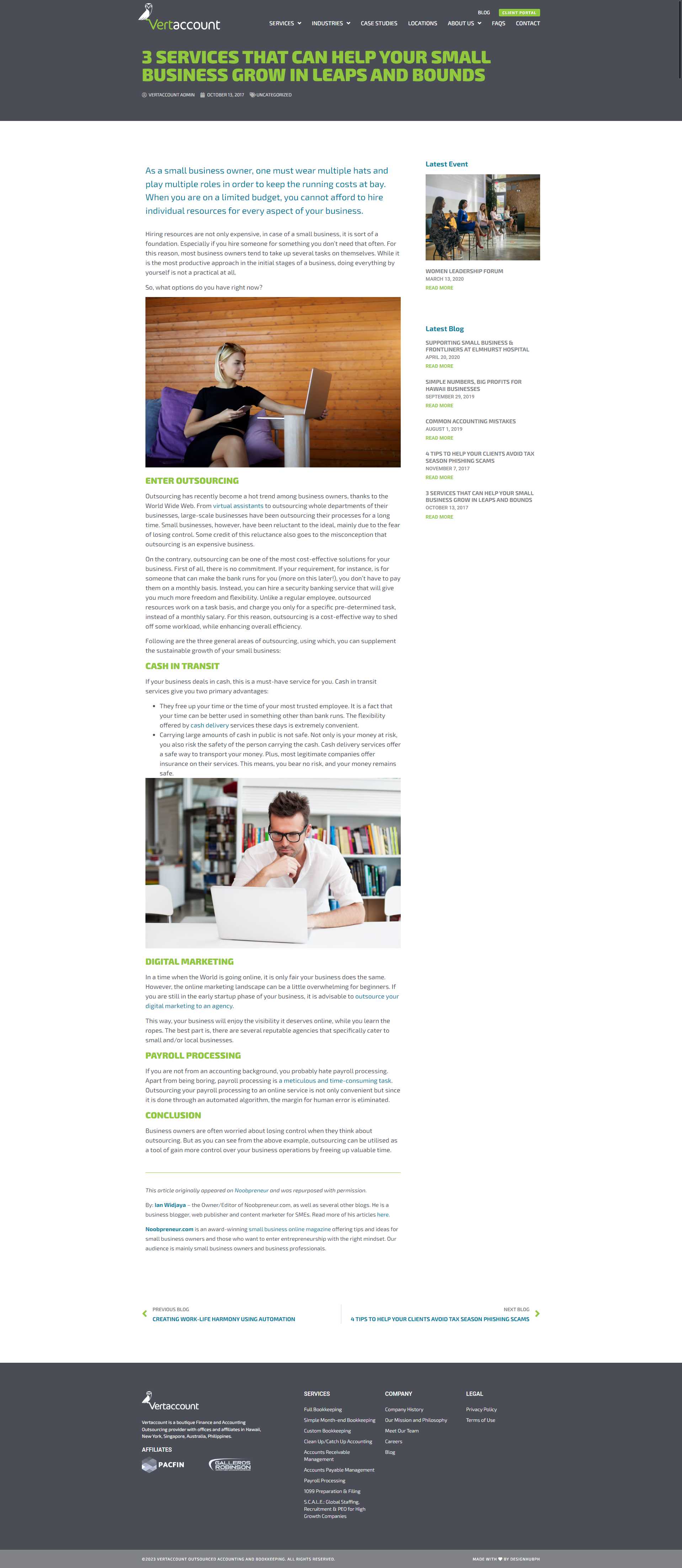 A Vertaccount blog post on three services for small businesses, with sections on outsourcing, cash in transit, digital marketing, and payroll processing