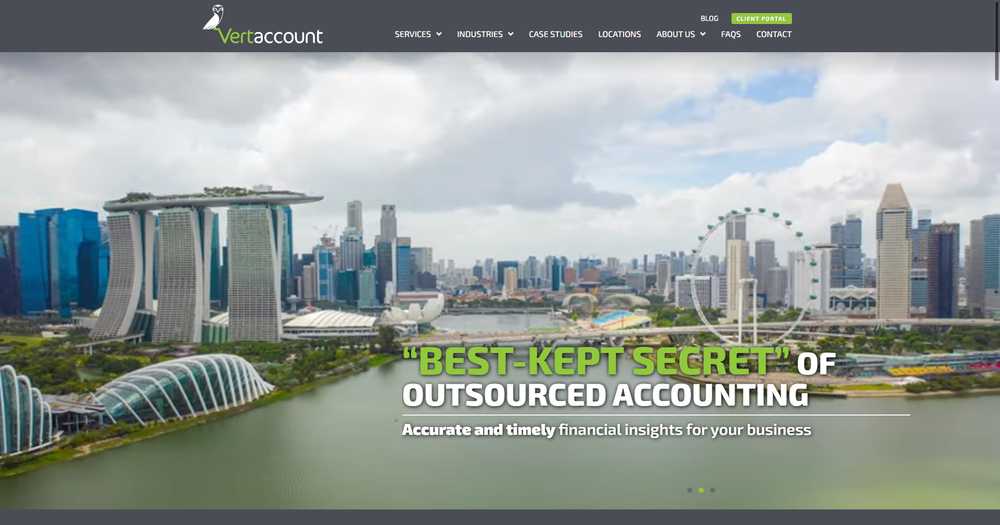 The Vertaccount homepage hero showing the Singapore skyline with the headline 'Best-Kept Secret of Outsourced Accounting' and the line 'Accurate and timely financial insights for your business'