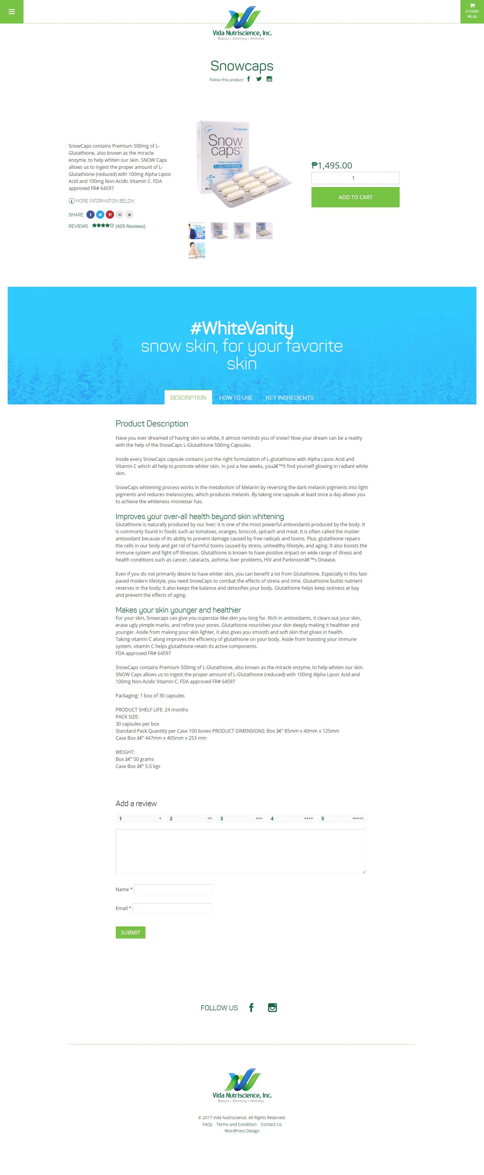 The Snowcaps product page with the description, price, Add to Cart button, a #WhiteVanity banner, and Description, How to Use, and Key Ingredients tabs