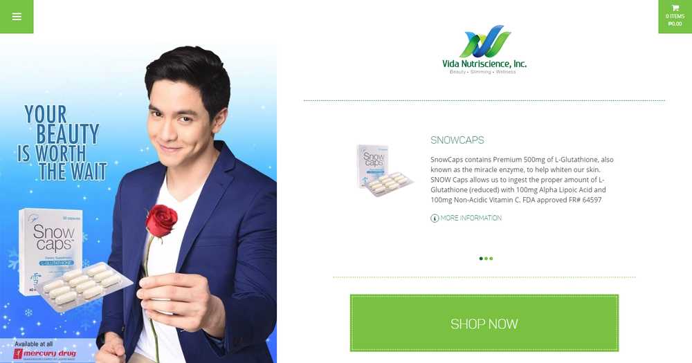 The Vida Nutriscience homepage with an endorser holding a red rose beside the line 'Your Beauty Is Worth the Wait', a SnowCaps product carousel, and a green Shop Now button