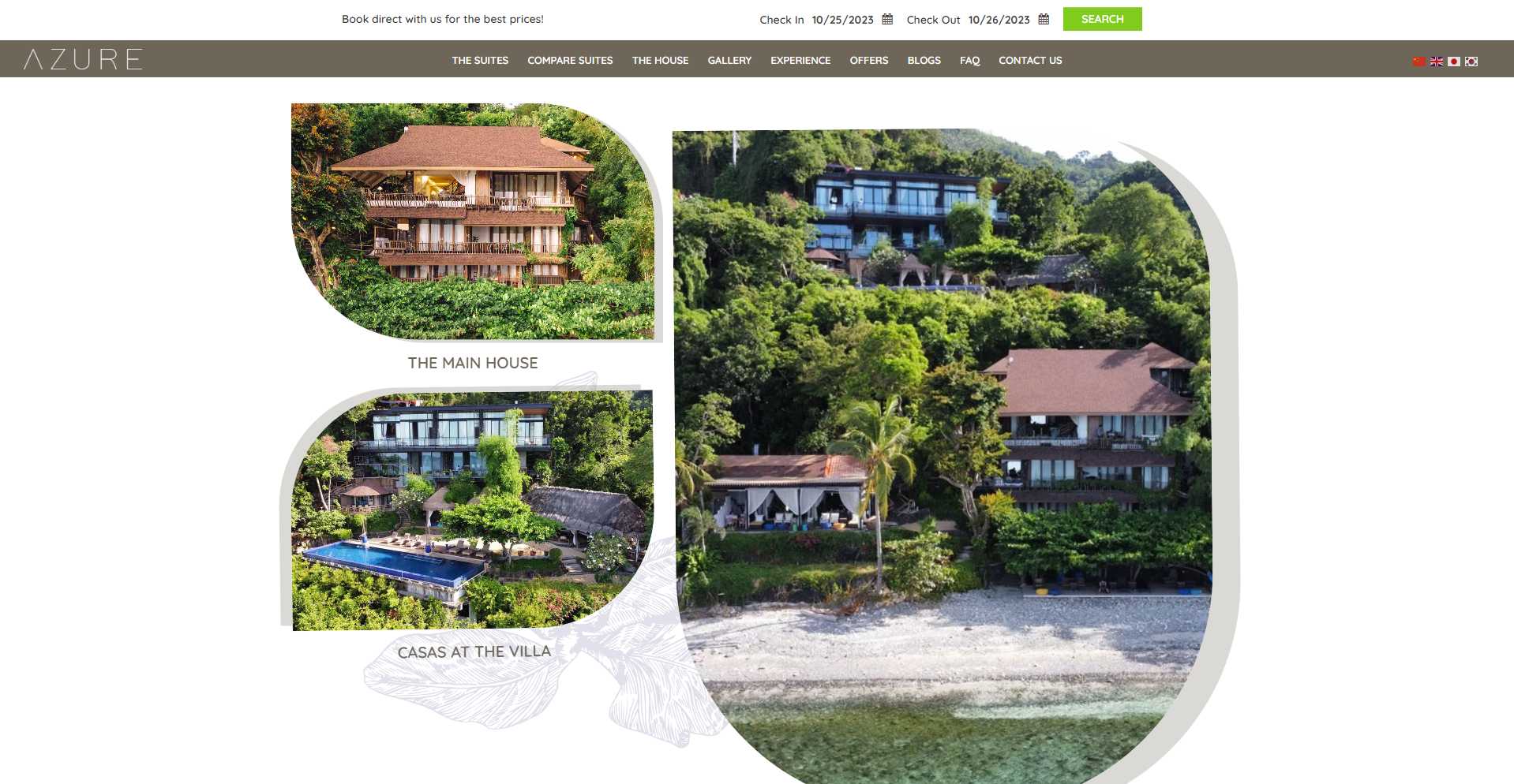 The Vivere Azure homepage hero showing the resort lit at dusk above the sea, with the tagline 'Where Luxury Meets Paradise'