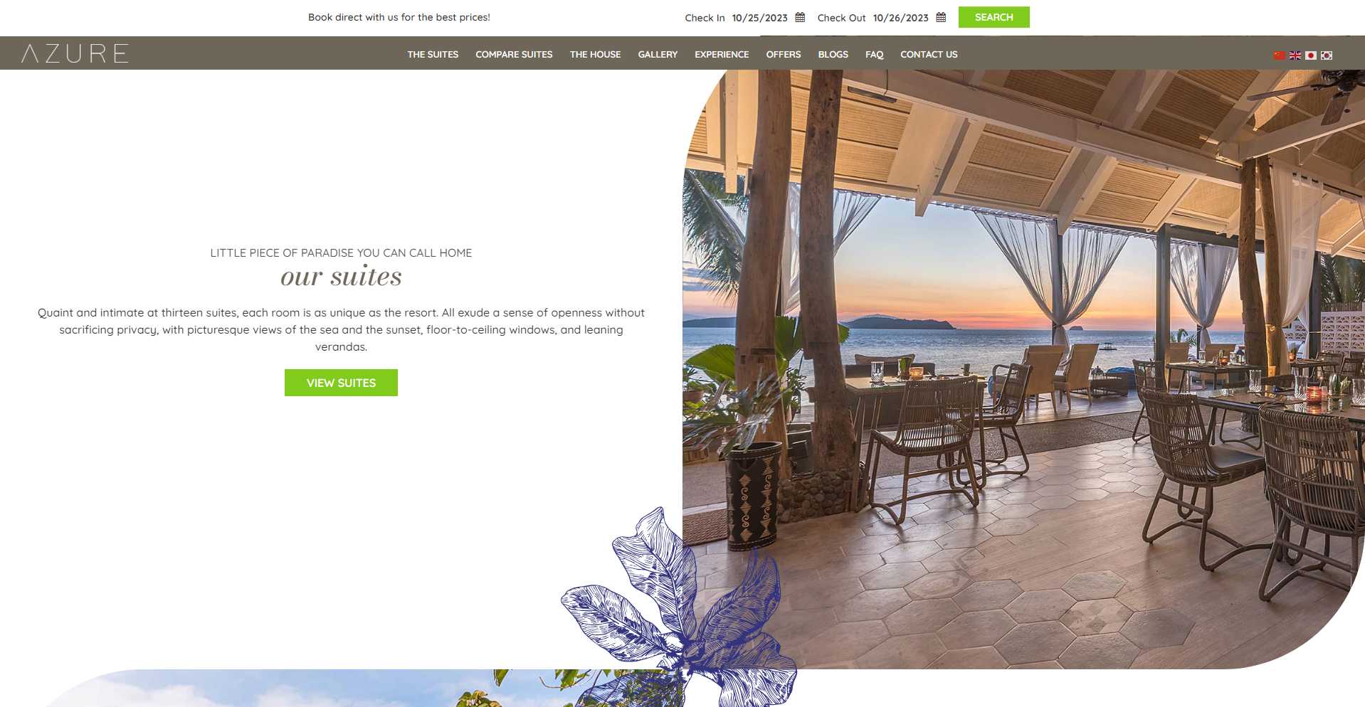 The Vivere Azure homepage displayed on a widescreen monitor on a desk in a room, showing the dusk hero and tagline