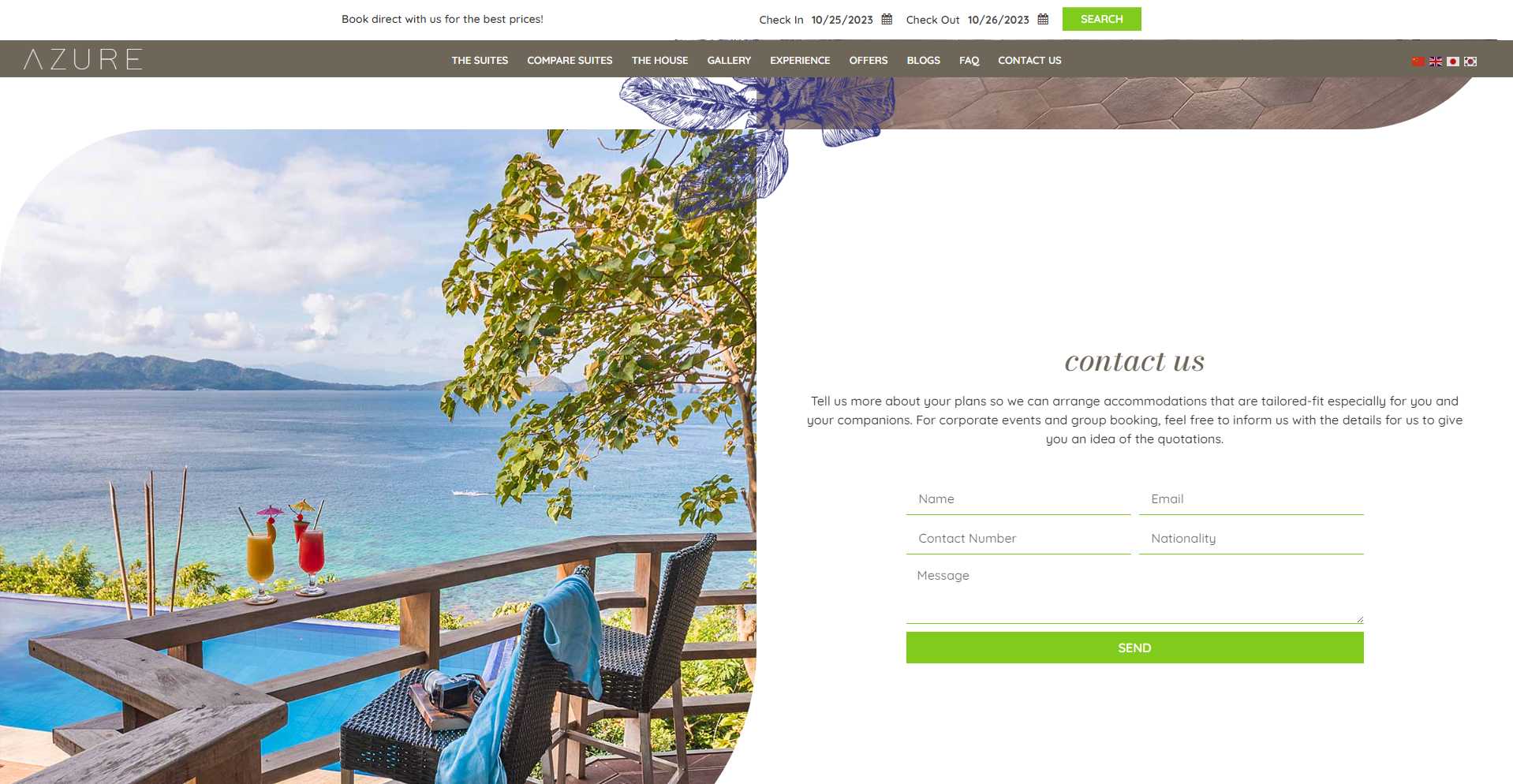 The Vivere Azure Contact Us page with a check-in and check-out booking bar, a language switcher, and a form for name, email, contact number, nationality, and message