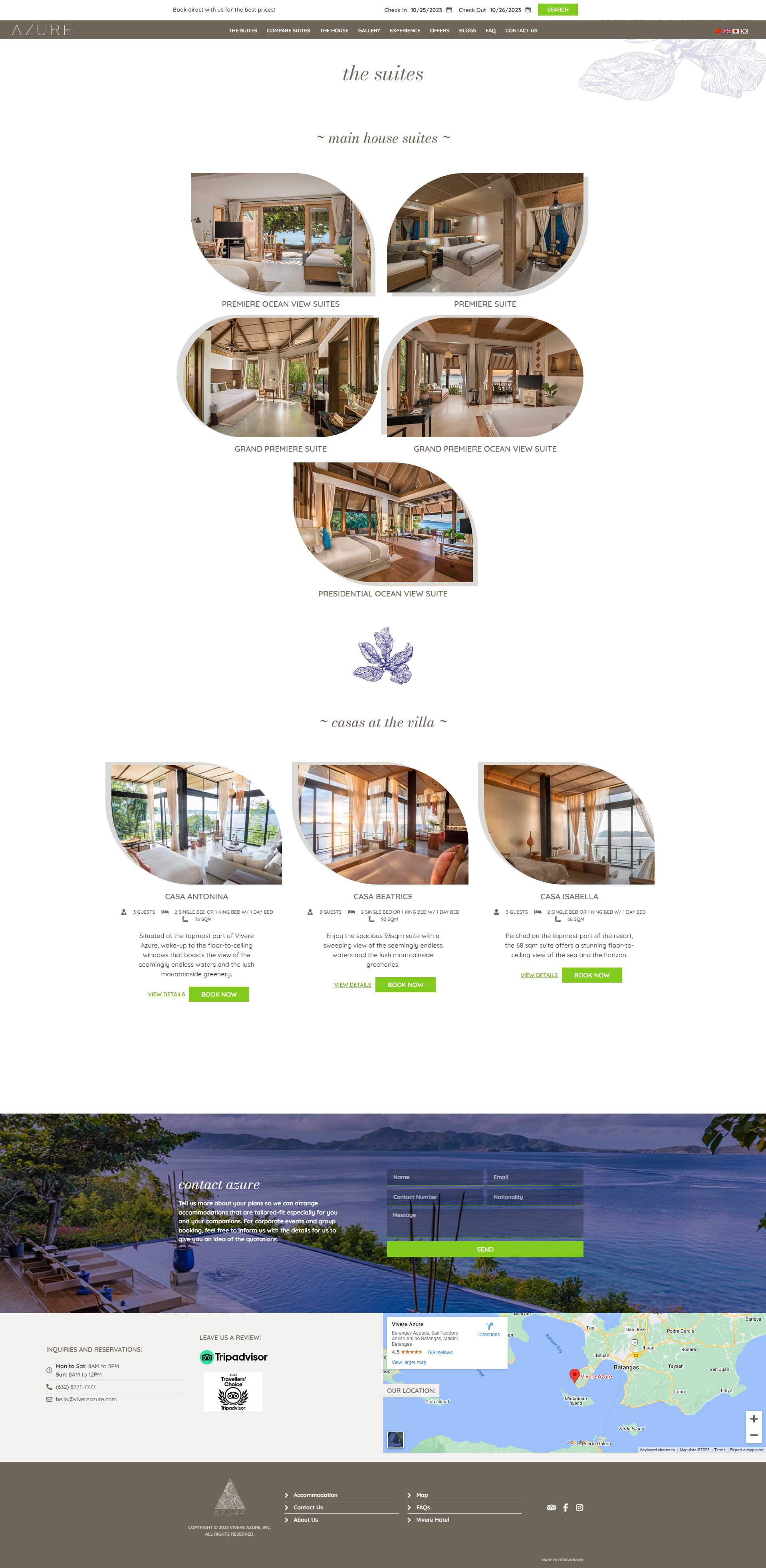 The Vivere Azure The Suites page listing main house suites from Premiere Ocean View to Presidential, then the villas Casa Antonina, Casa Beatrice, and Casa Isabela with their guest, bed, and floor area details