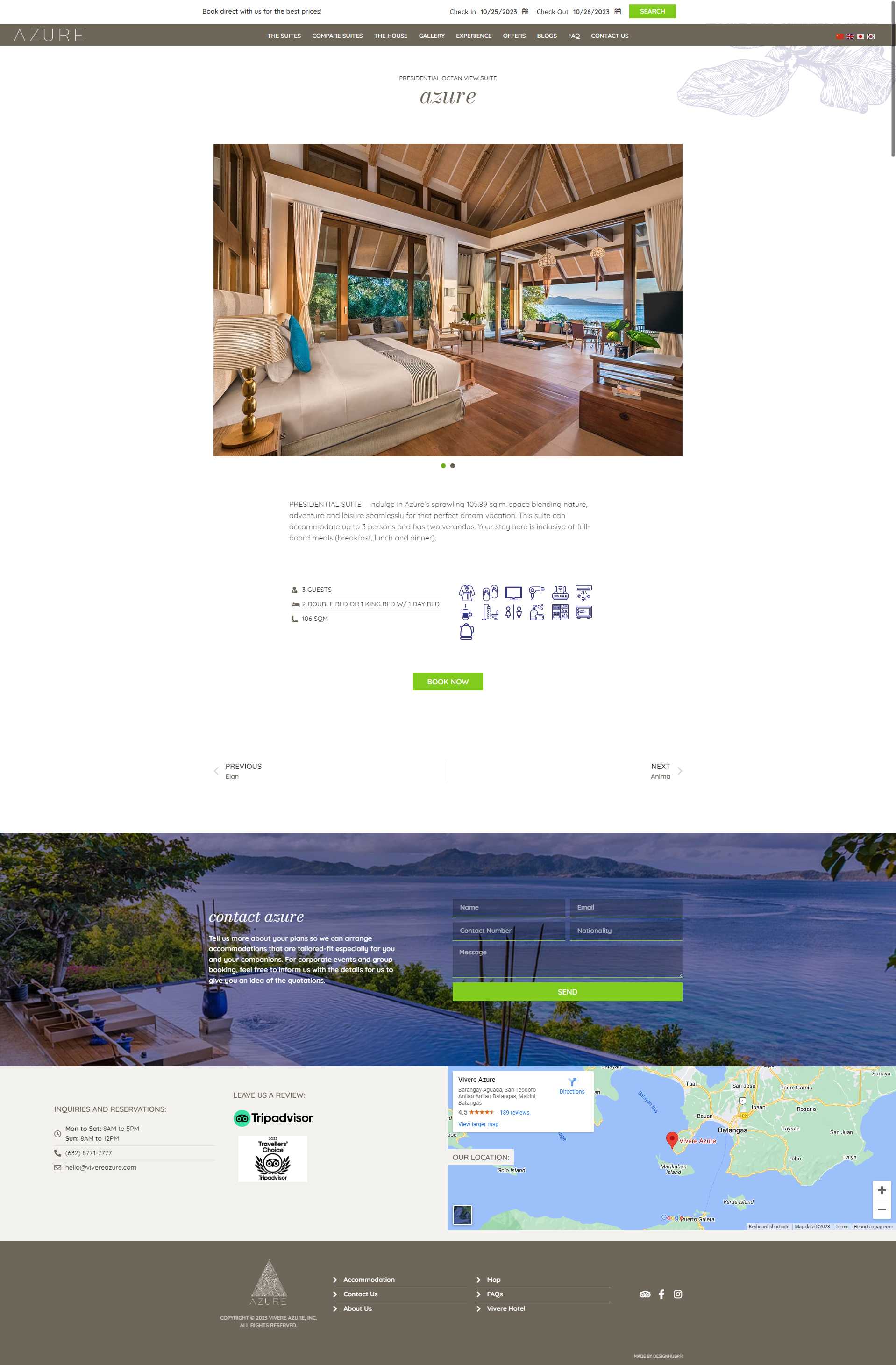 The Presidential Ocean View Suite page with a photo carousel, a 106 sqm description, guest and bed specifications, amenity icons, and a Book Now button