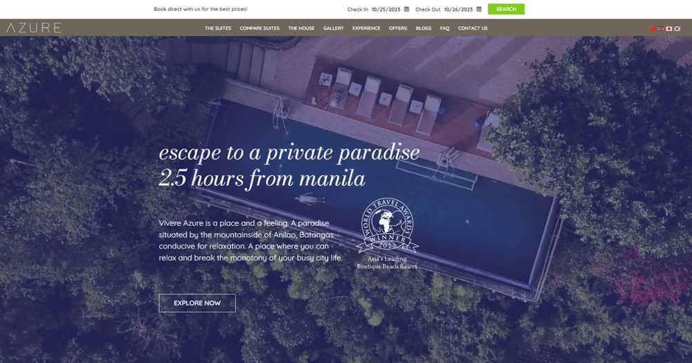 The Vivere Azure homepage with the Vivere Azure Batangas logo, a Book Now button in the header, and a dusk photograph of the resort above the sea