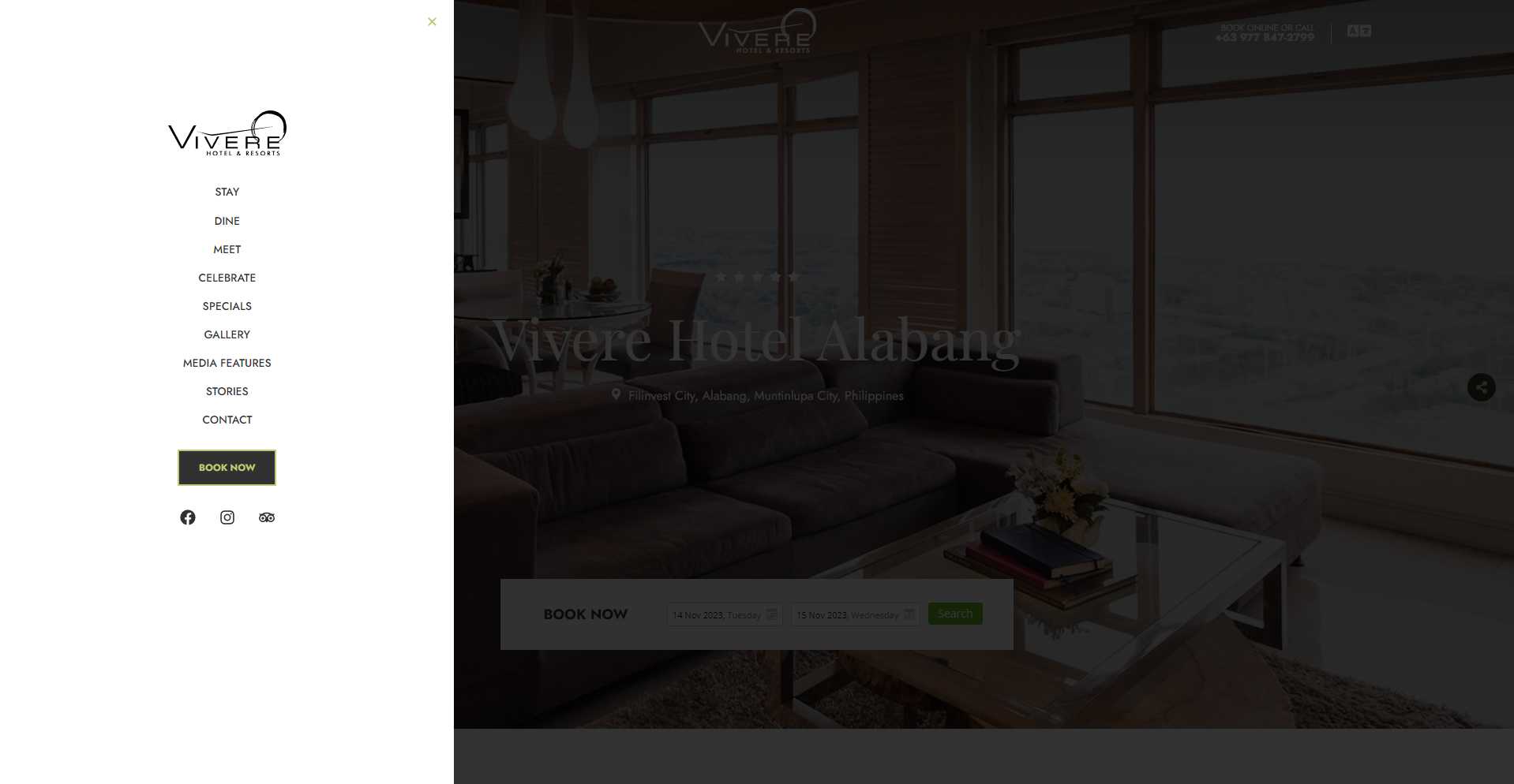 Vivere Hotel navigation menu listing Stay, Dine, Meet, Celebrate, Specials, Gallery, and Contact over the homepage hero