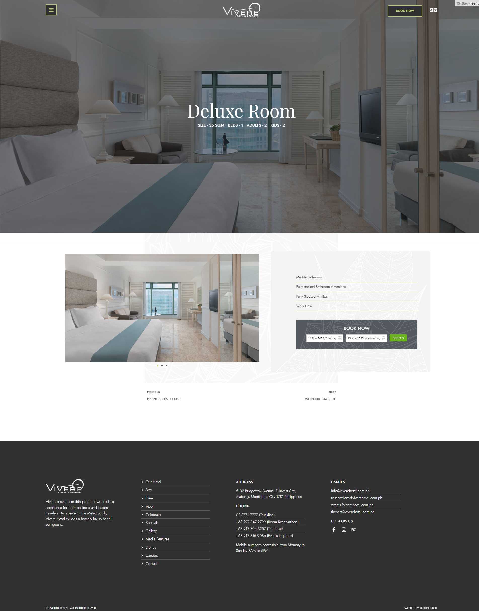 Vivere Hotel Deluxe Room detail page with room specifications, an amenity list, and a booking widget