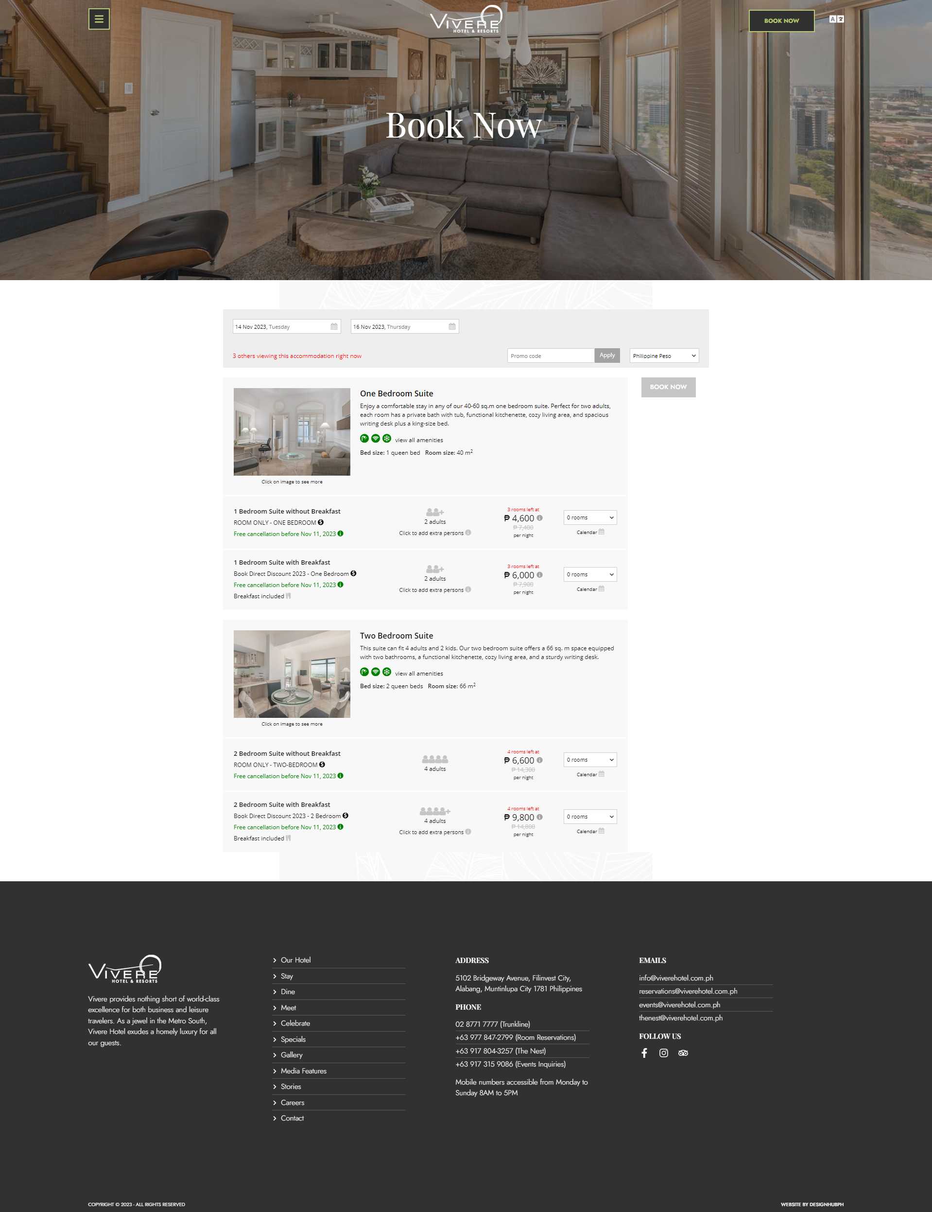 Vivere Hotel booking page listing One-Bedroom and Two-Bedroom Suites with per-night rates