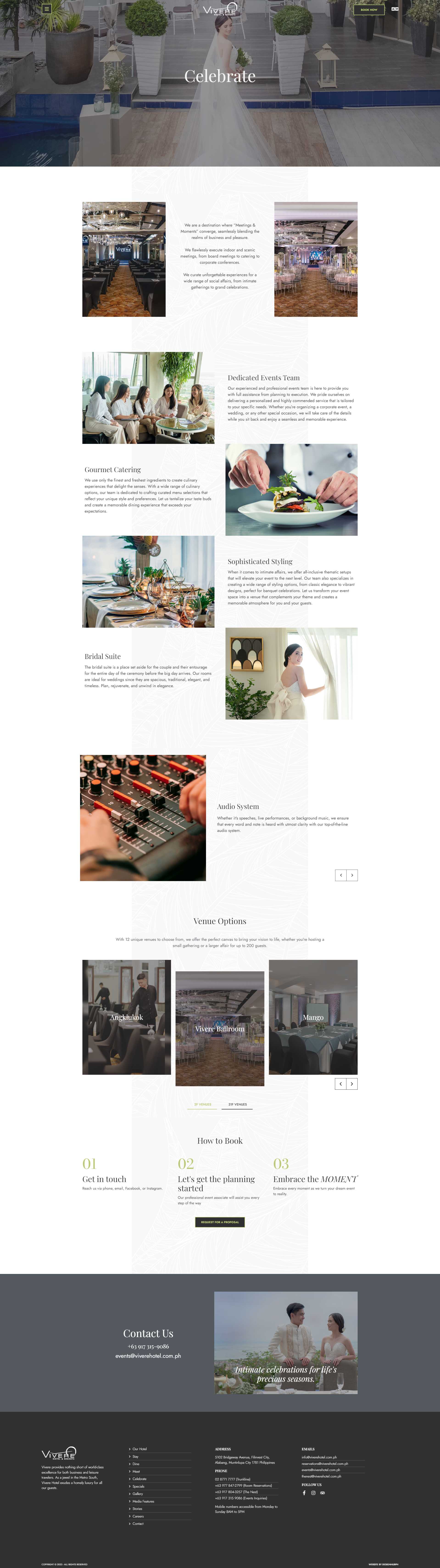 Vivere Hotel Celebrate page with events team, catering, bridal suite, and venue options