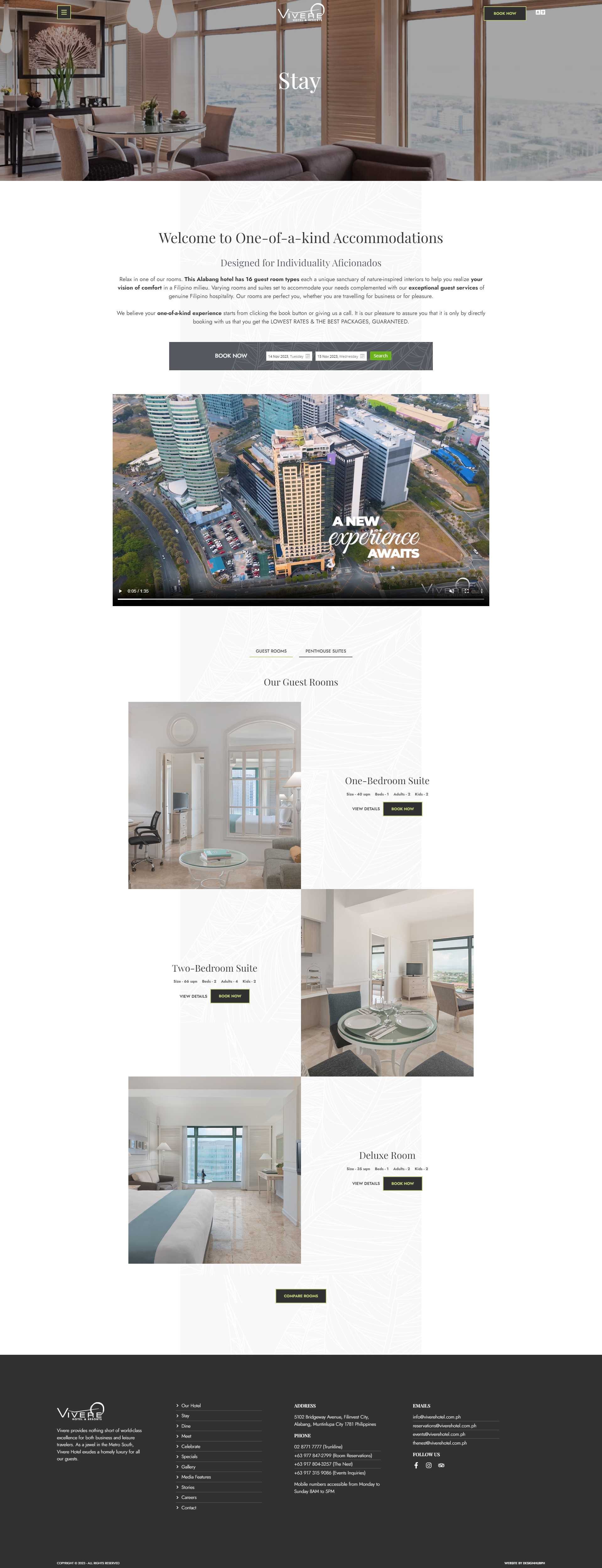 Vivere Hotel Stay page with guest room listings and a video section