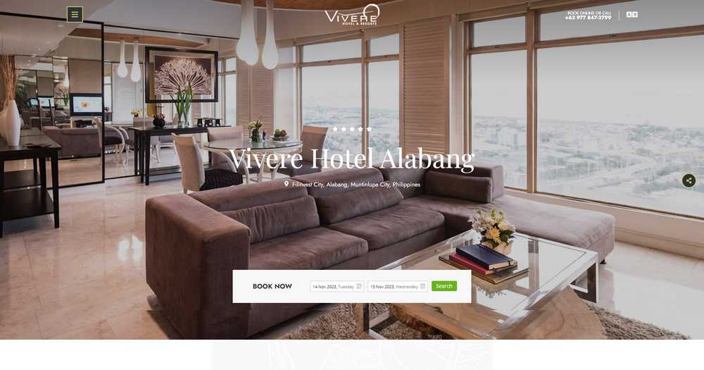 Vivere Hotel Alabang homepage hero with a booking widget over a photo of a suite living room with floor-to-ceiling city views