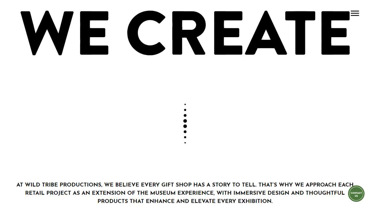 The Wild Tribe Productions We Create page, with oversized black type above the studio's statement that every gift shop has a story to tell