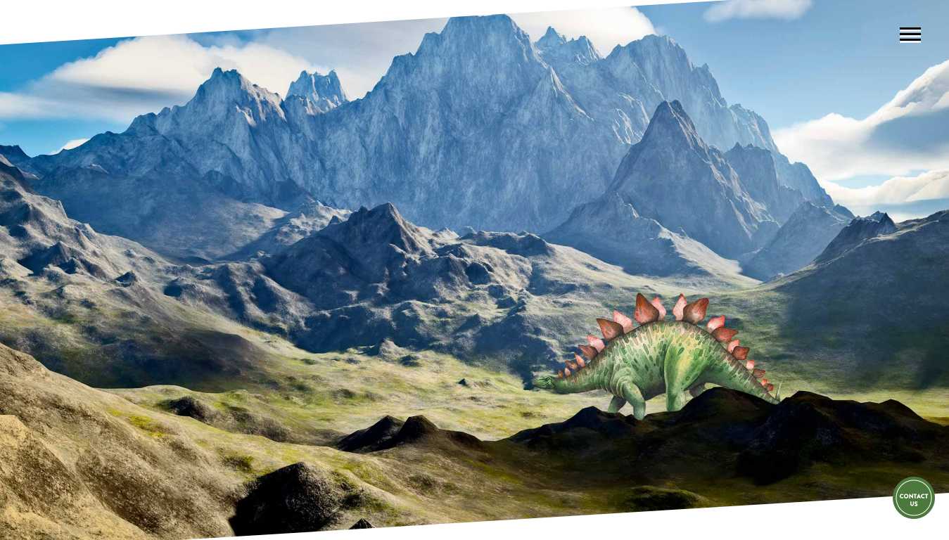 A full-bleed portfolio photograph of a Stegosaurus model in a mountain diorama from a natural history museum retail project