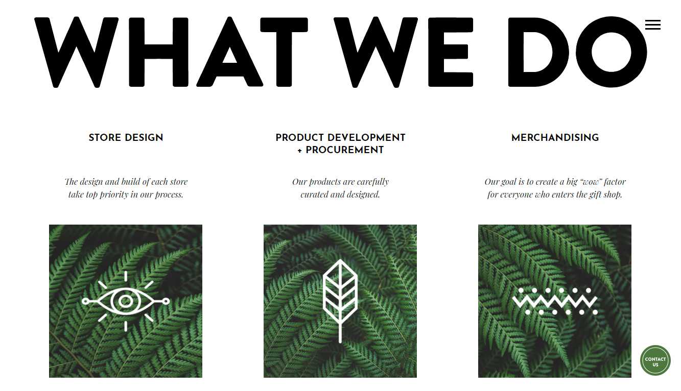 The Wild Tribe Productions What We Do page with three columns for Store Design, Product Development and Procurement, and Merchandising, each over a fern photograph with a line-art icon